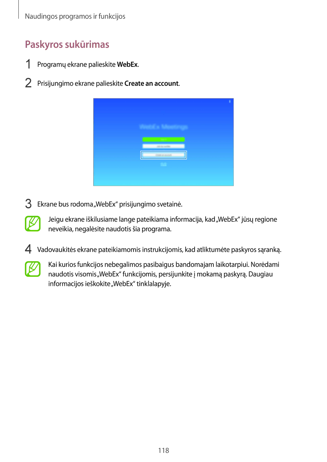 Samsung SM-T805NTSASEB, SM-T805NZWASEB, SM-T805NHAASEB manual Paskyros sukūrimas 