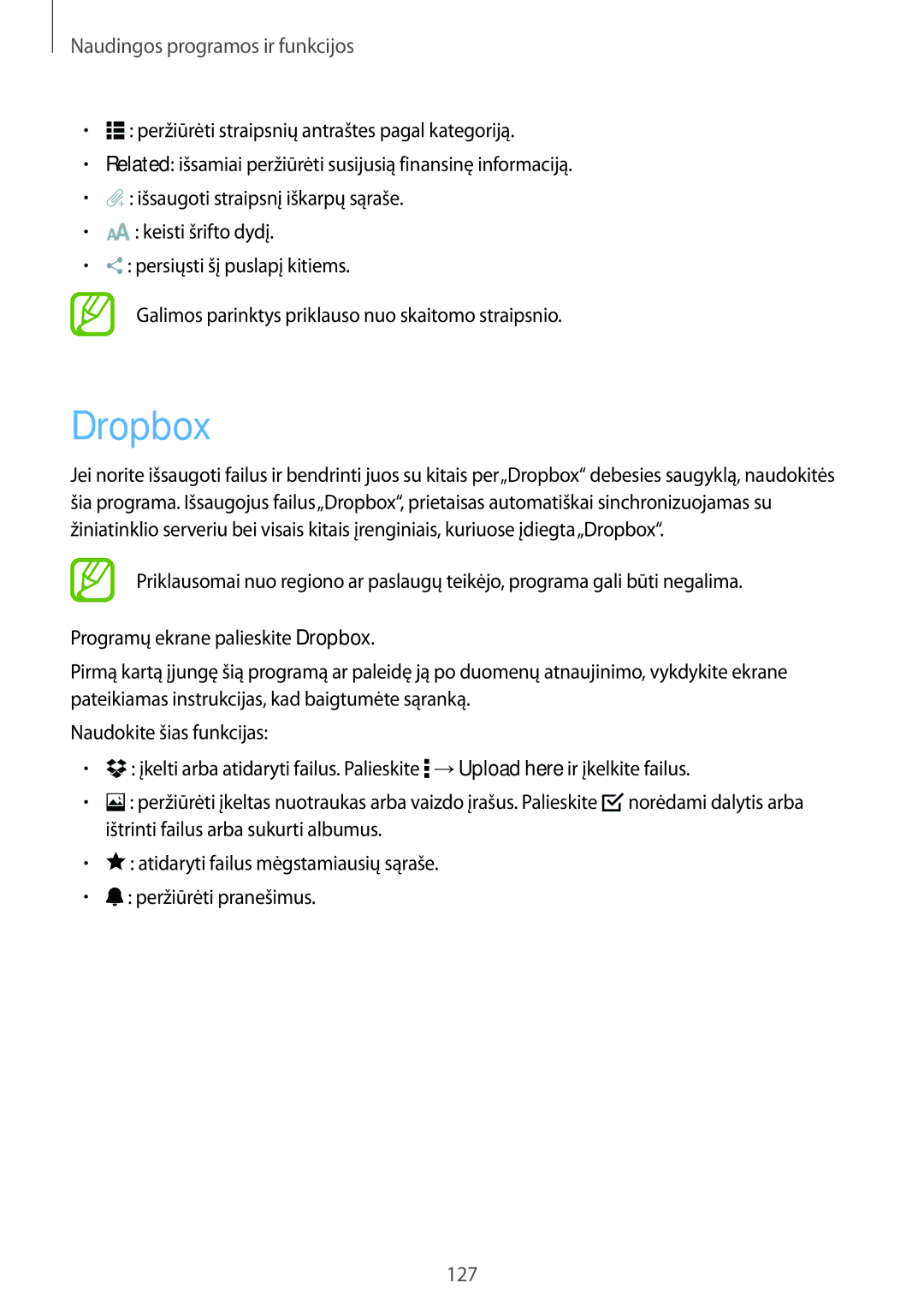 Samsung SM-T805NTSASEB, SM-T805NZWASEB, SM-T805NHAASEB manual Dropbox 