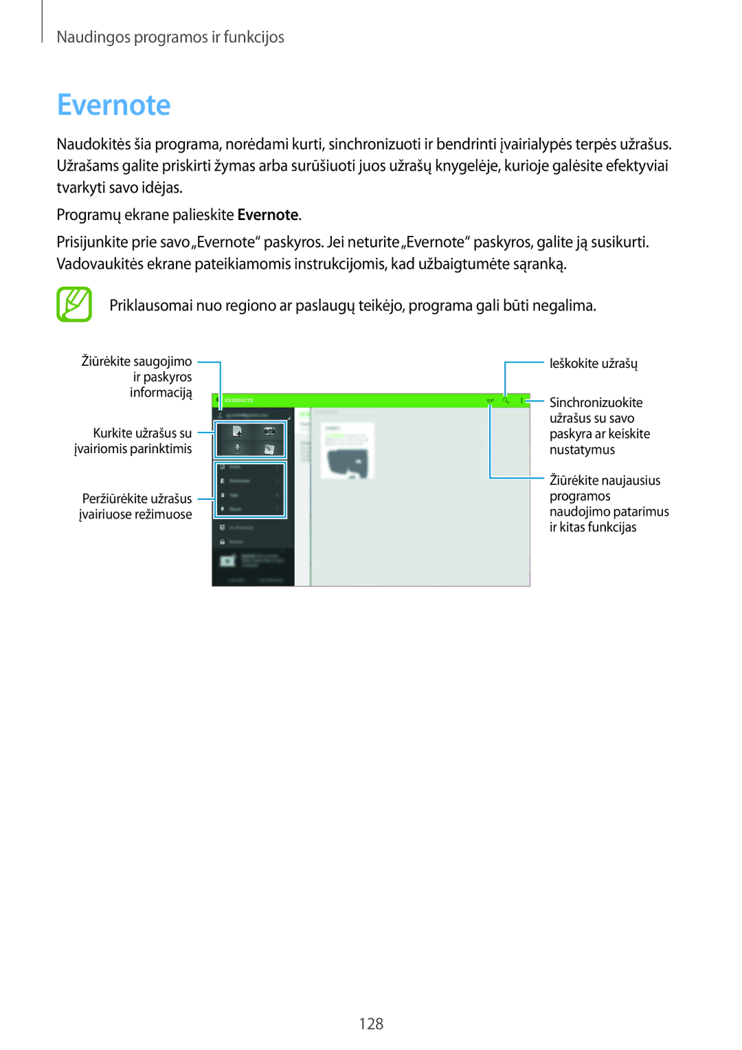 Samsung SM-T805NHAASEB, SM-T805NZWASEB, SM-T805NTSASEB manual Evernote, Ieškokite užrašų 