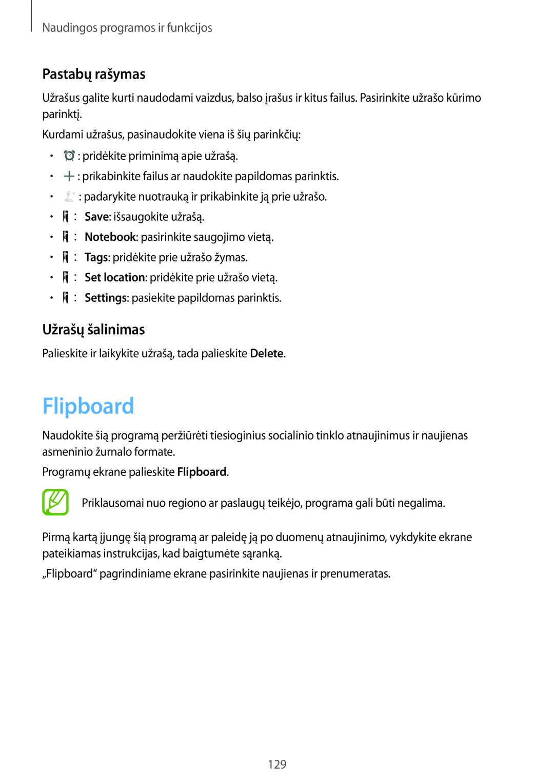 Samsung SM-T805NZWASEB, SM-T805NTSASEB, SM-T805NHAASEB manual Flipboard, Pastabų rašymas, Užrašų šalinimas 