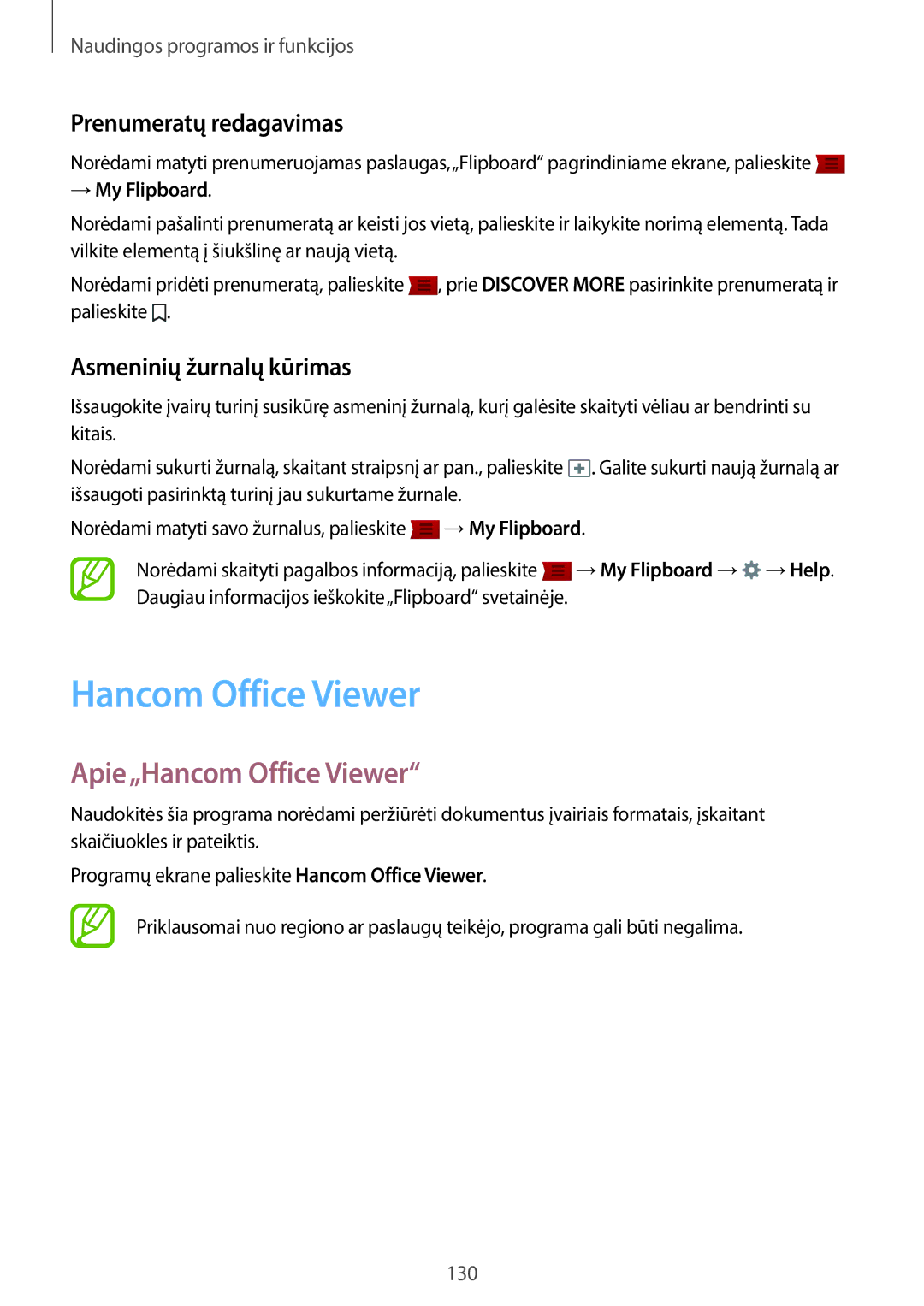 Samsung SM-T805NTSASEB Apie„Hancom Office Viewer, Prenumeratų redagavimas, Asmeninių žurnalų kūrimas, → My Flipboard 