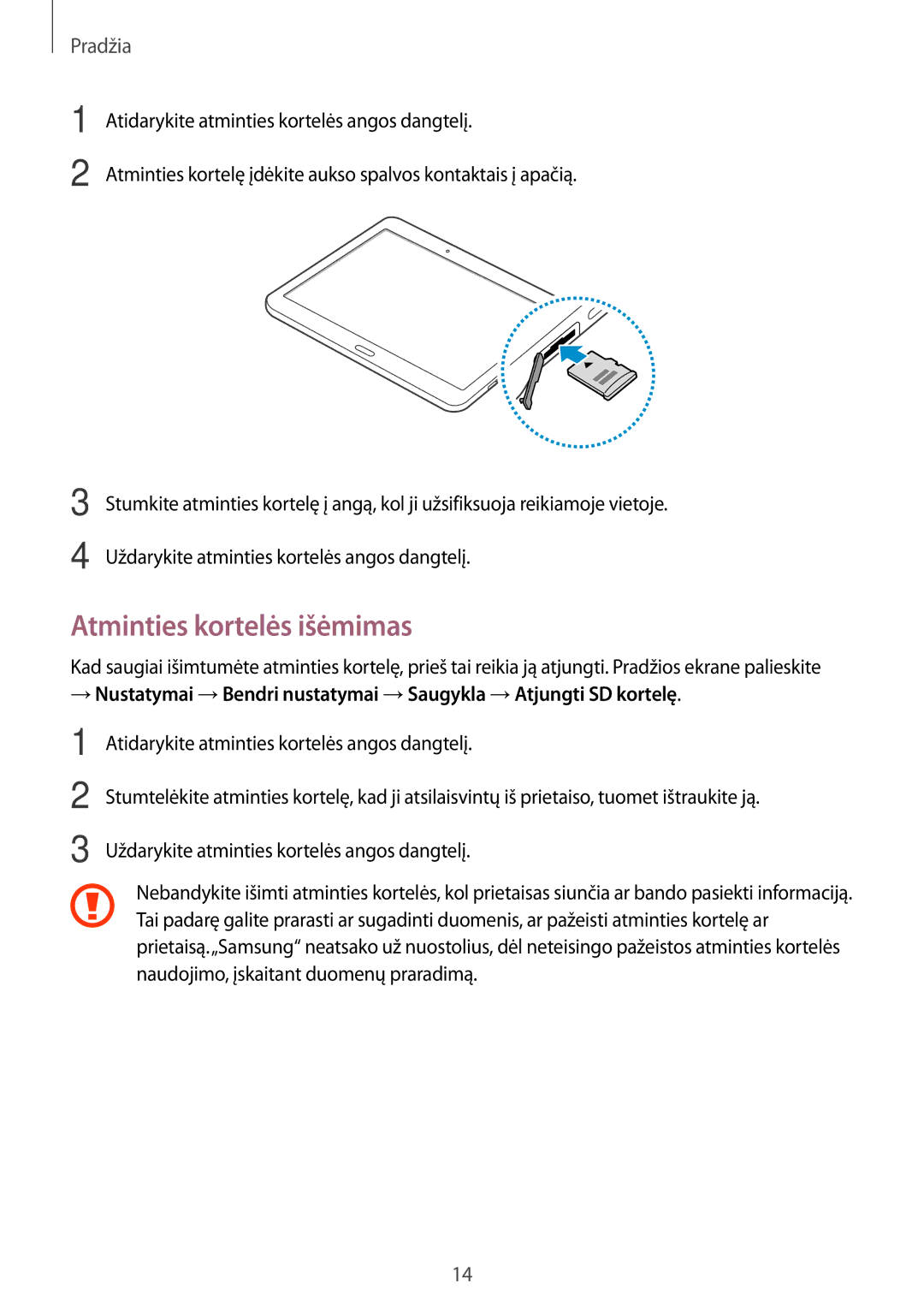 Samsung SM-T805NHAASEB, SM-T805NZWASEB, SM-T805NTSASEB manual Atminties kortelės išėmimas 