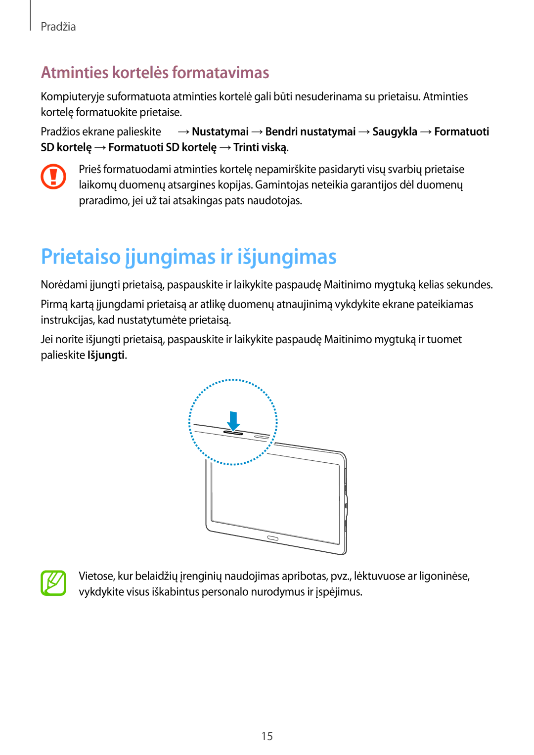 Samsung SM-T805NZWASEB, SM-T805NTSASEB, SM-T805NHAASEB Prietaiso įjungimas ir išjungimas, Atminties kortelės formatavimas 