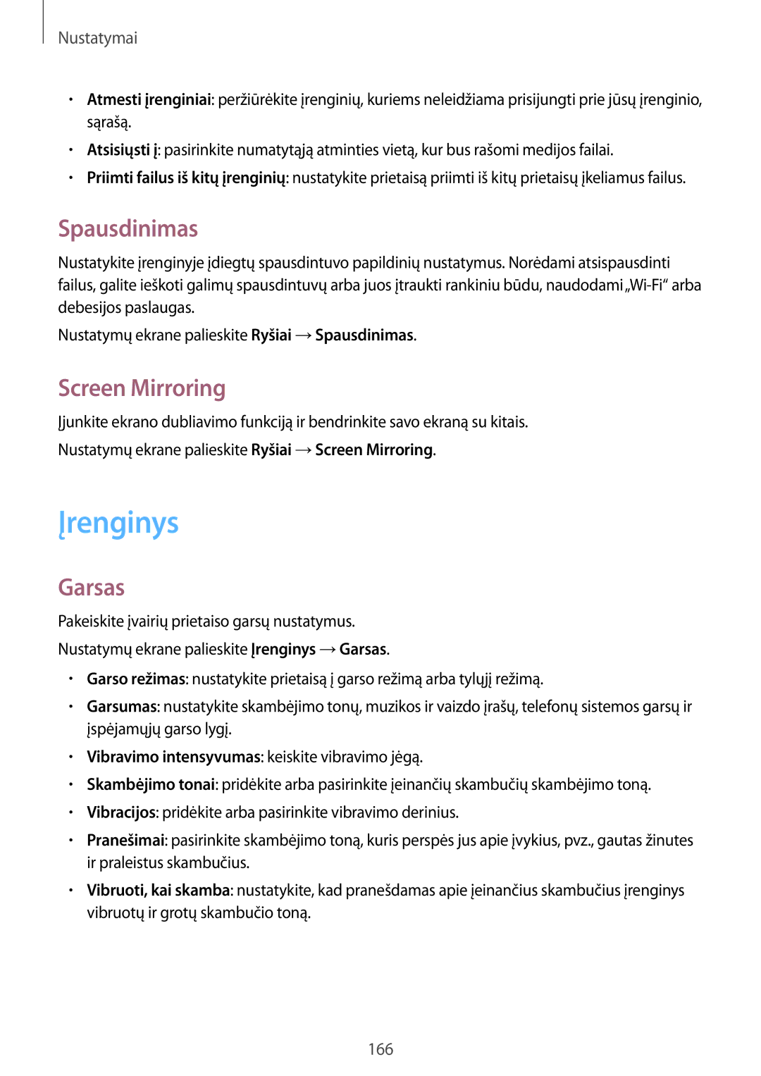 Samsung SM-T805NTSASEB, SM-T805NZWASEB, SM-T805NHAASEB manual Įrenginys, Spausdinimas, Screen Mirroring, Garsas 