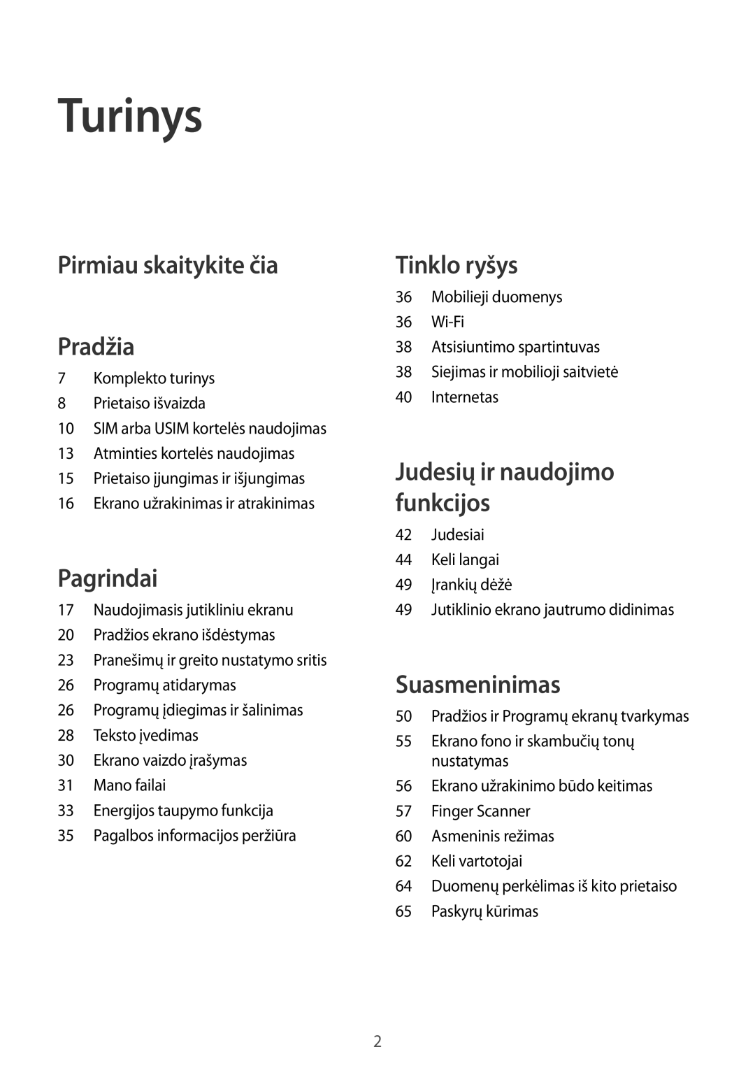 Samsung SM-T805NHAASEB, SM-T805NZWASEB, SM-T805NTSASEB manual Turinys, Pirmiau skaitykite čia Pradžia 