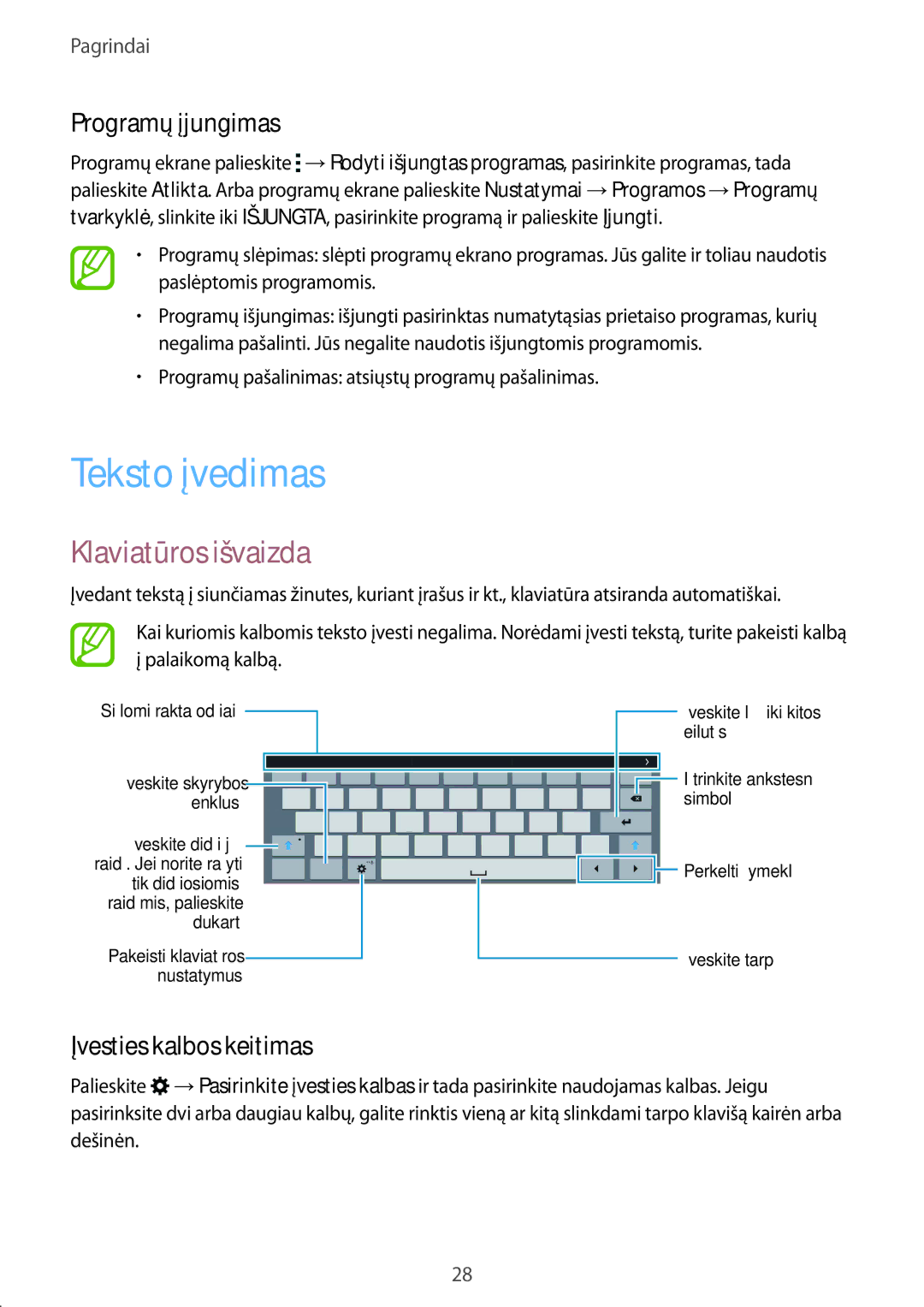 Samsung SM-T805NTSASEB, SM-T805NZWASEB Teksto įvedimas, Klaviatūros išvaizda, Programų įjungimas, Įvesties kalbos keitimas 