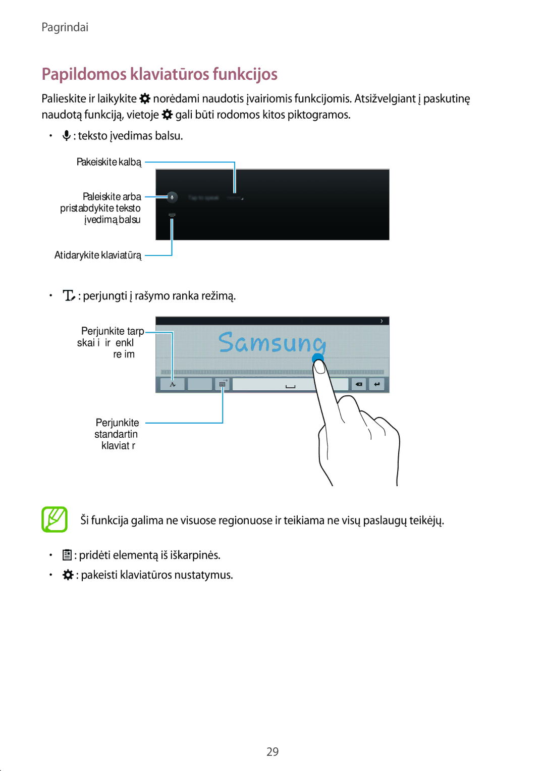 Samsung SM-T805NHAASEB, SM-T805NZWASEB, SM-T805NTSASEB Papildomos klaviatūros funkcijos, Perjungti į rašymo ranka režimą 