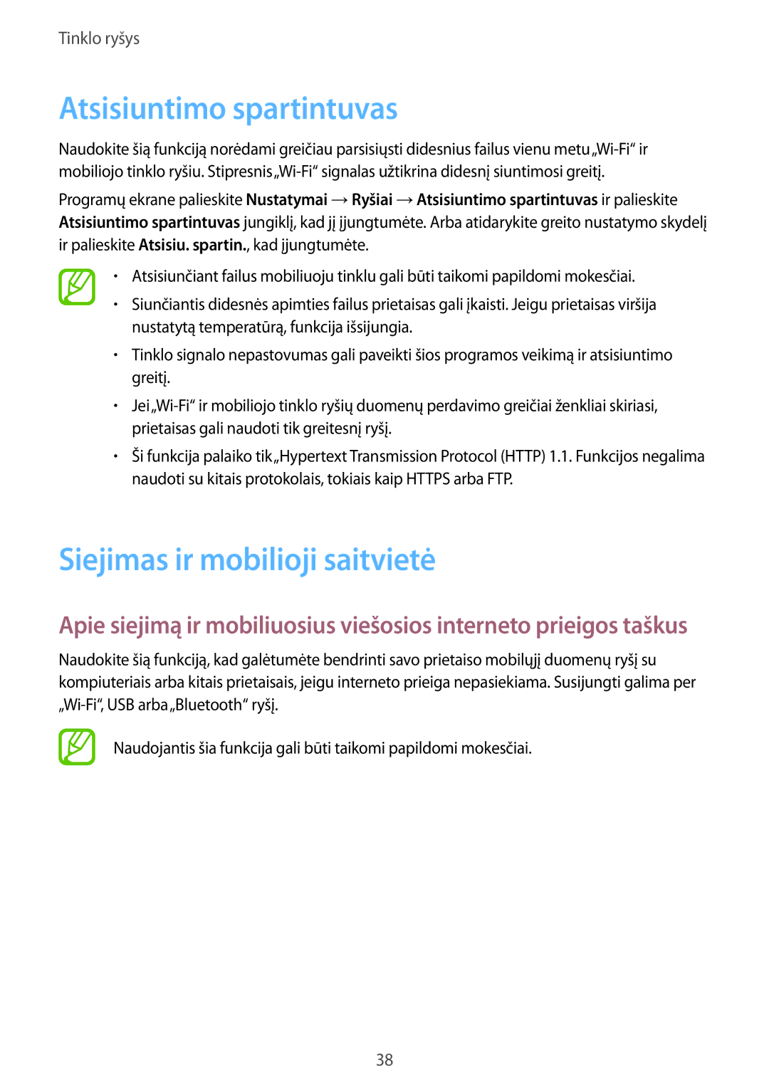 Samsung SM-T805NHAASEB, SM-T805NZWASEB, SM-T805NTSASEB manual Atsisiuntimo spartintuvas, Siejimas ir mobilioji saitvietė 