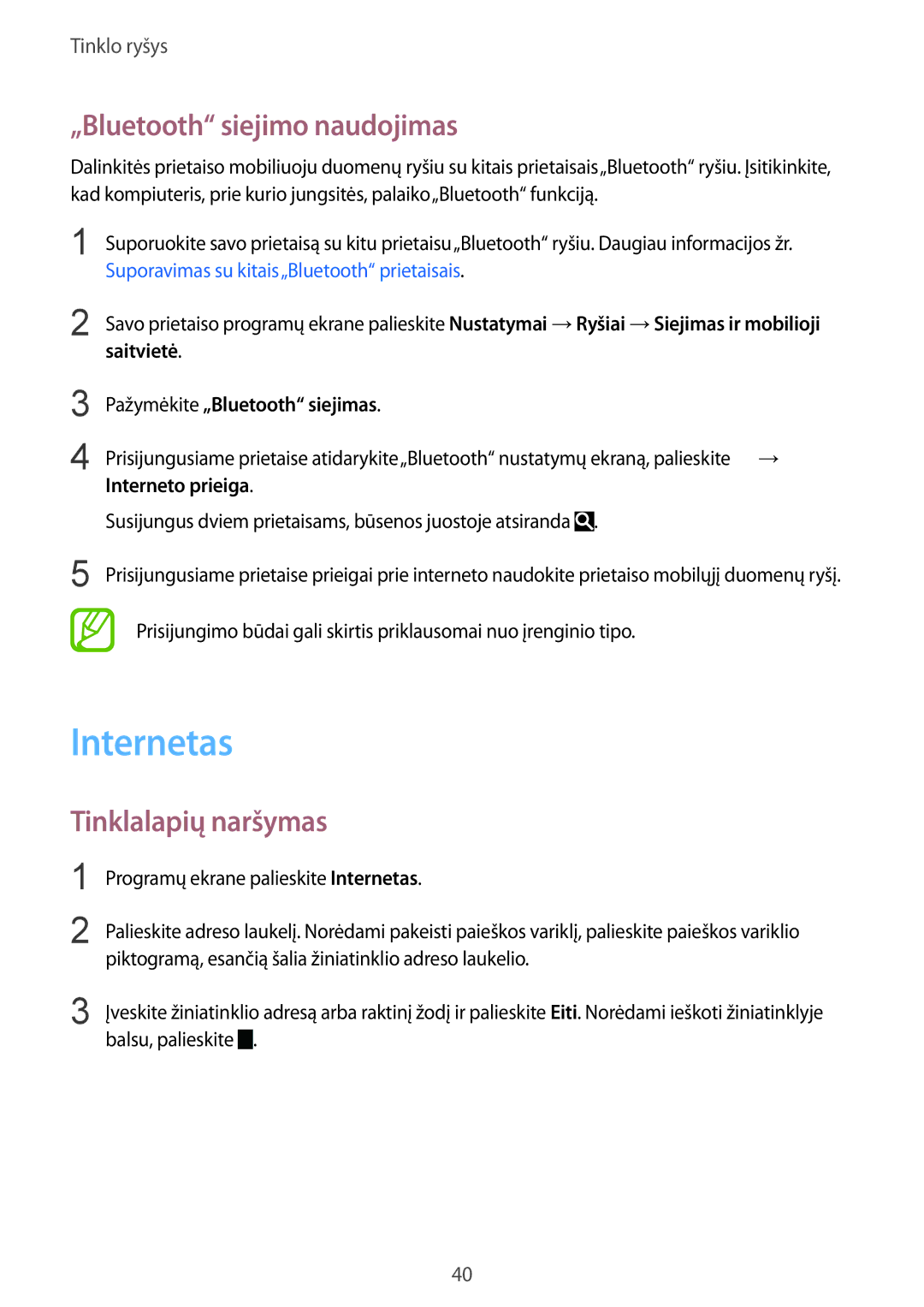 Samsung SM-T805NTSASEB, SM-T805NZWASEB manual Internetas, „Bluetooth siejimo naudojimas, Tinklalapių naršymas, Saitvietė 