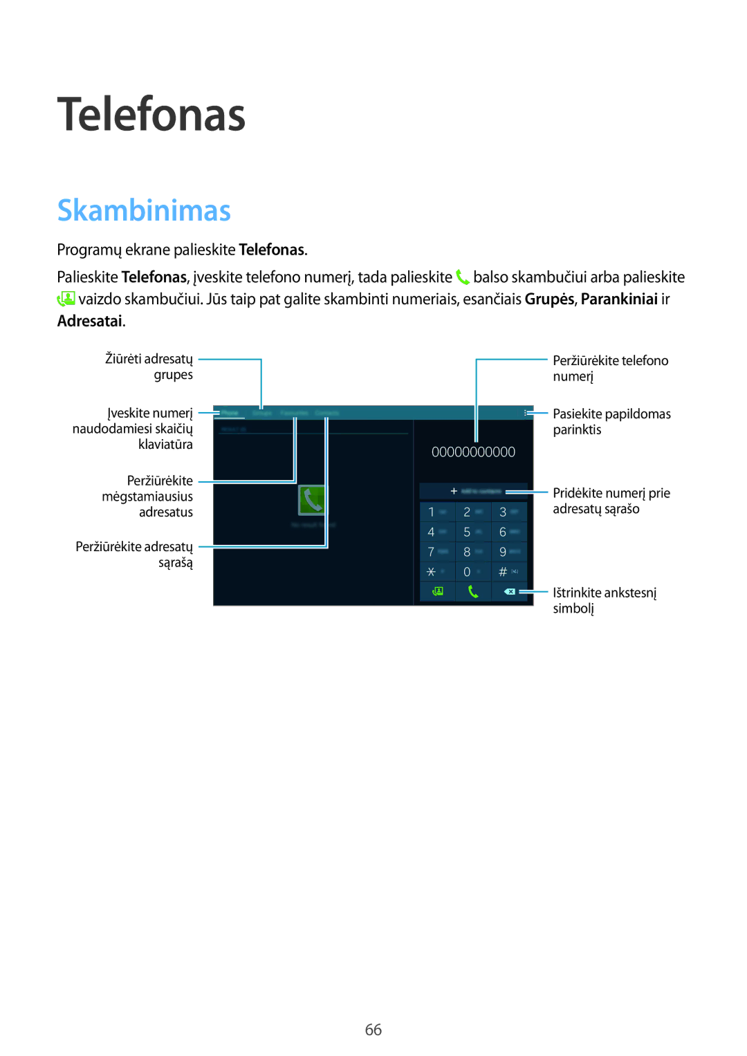 Samsung SM-T805NZWASEB, SM-T805NTSASEB, SM-T805NHAASEB Skambinimas, Programų ekrane palieskite Telefonas, Adresatai 