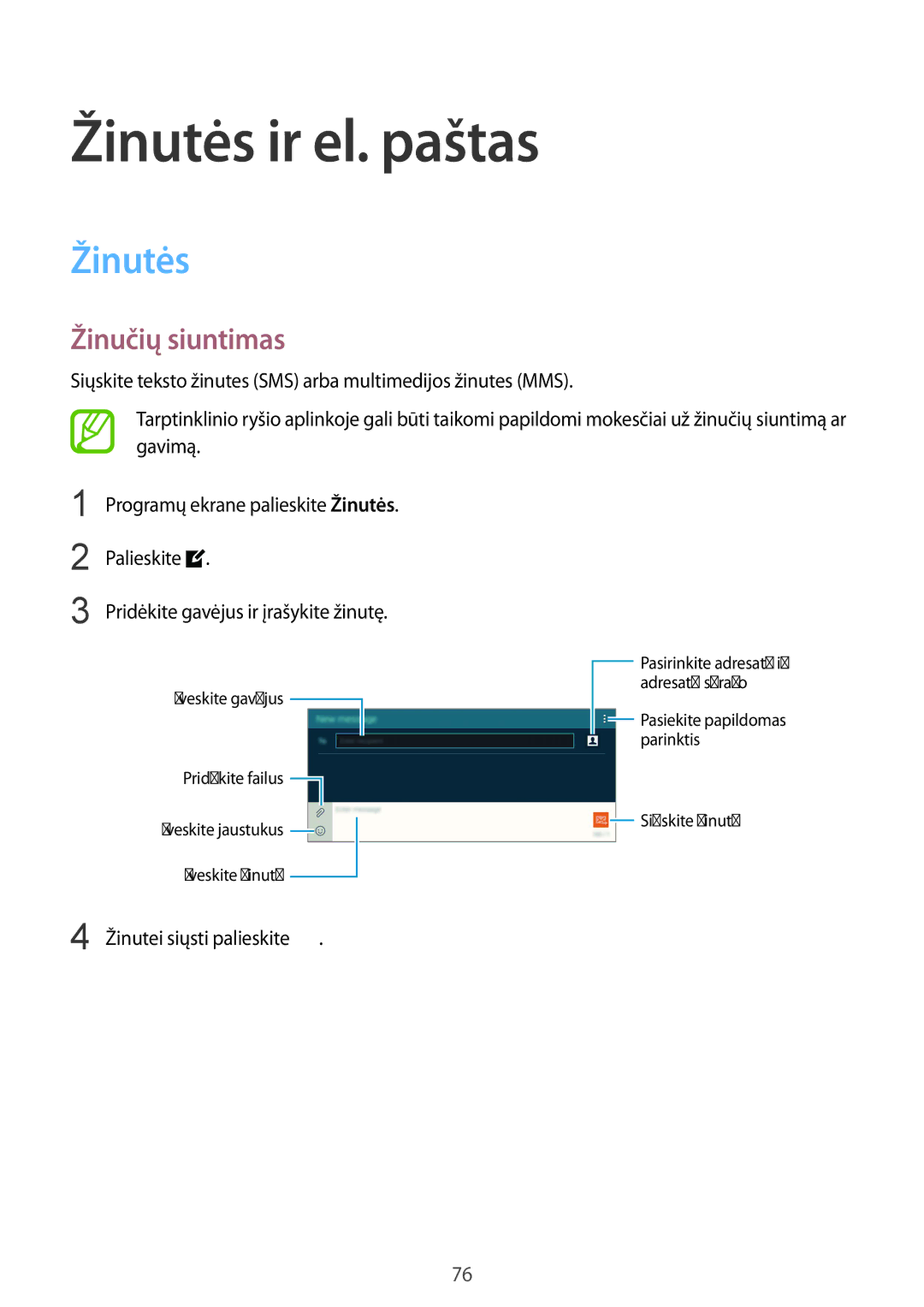 Samsung SM-T805NTSASEB, SM-T805NZWASEB, SM-T805NHAASEB manual Žinutės ir el. paštas, Žinučių siuntimas 