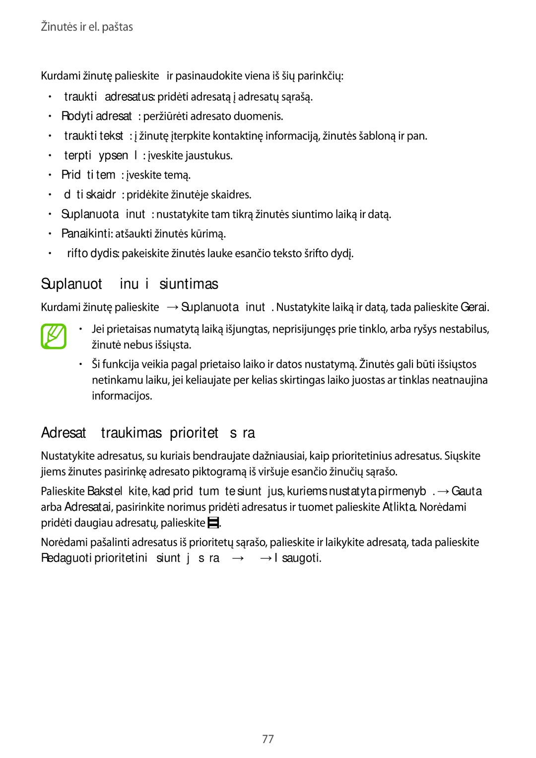 Samsung SM-T805NHAASEB, SM-T805NZWASEB manual Suplanuotų žinučių siuntimas, Adresatų įtraukimas į prioritetų sąrašą 