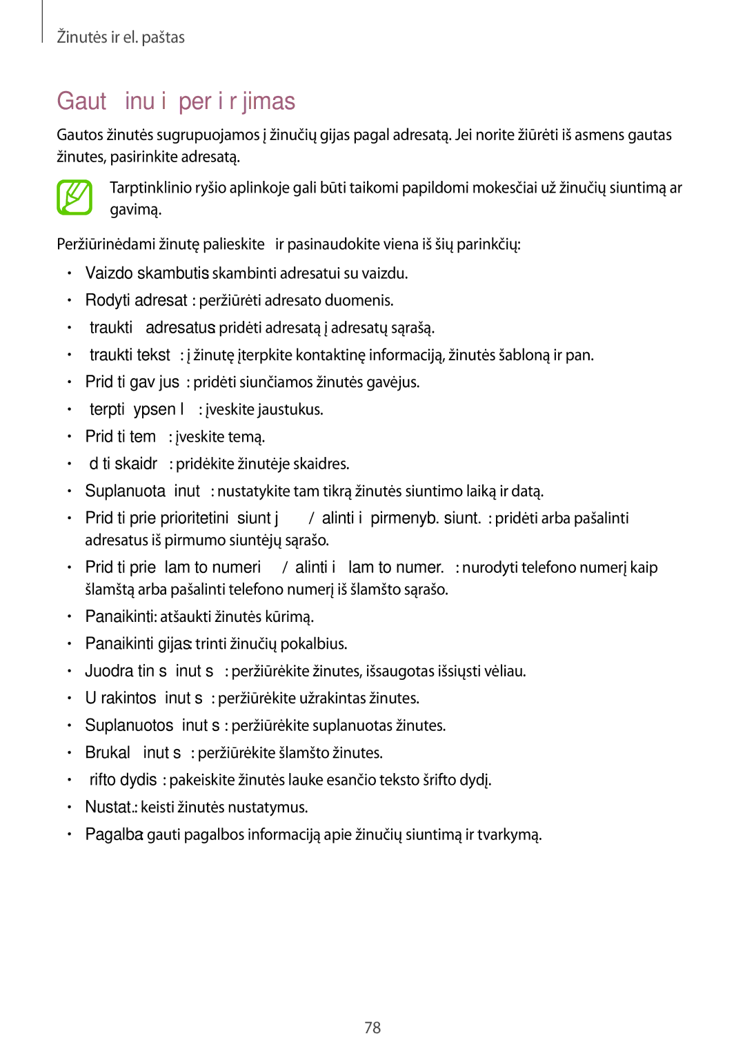 Samsung SM-T805NZWASEB, SM-T805NTSASEB, SM-T805NHAASEB manual Gautų žinučių peržiūrėjimas 