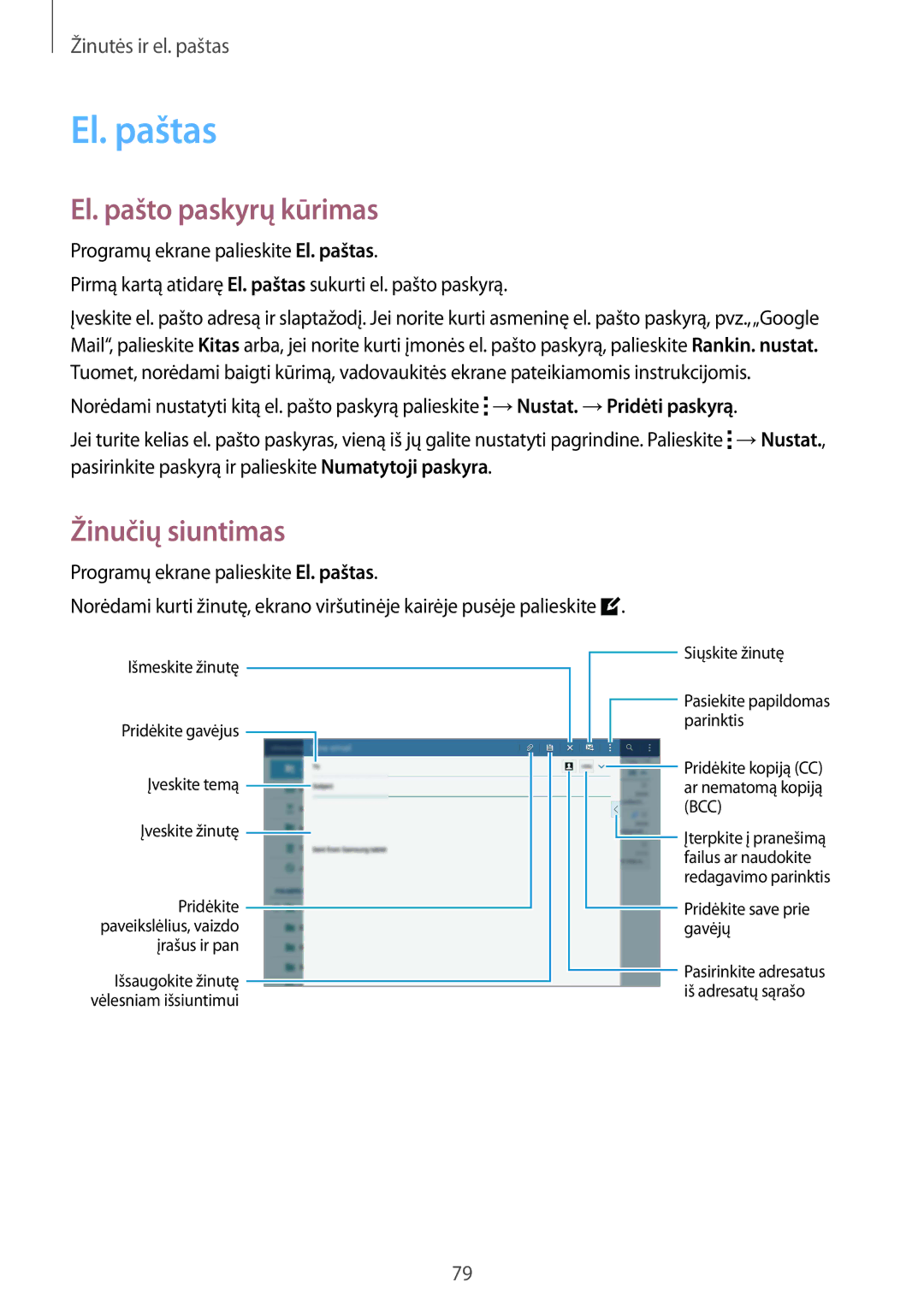 Samsung SM-T805NTSASEB, SM-T805NZWASEB, SM-T805NHAASEB manual El. paštas, El. pašto paskyrų kūrimas 