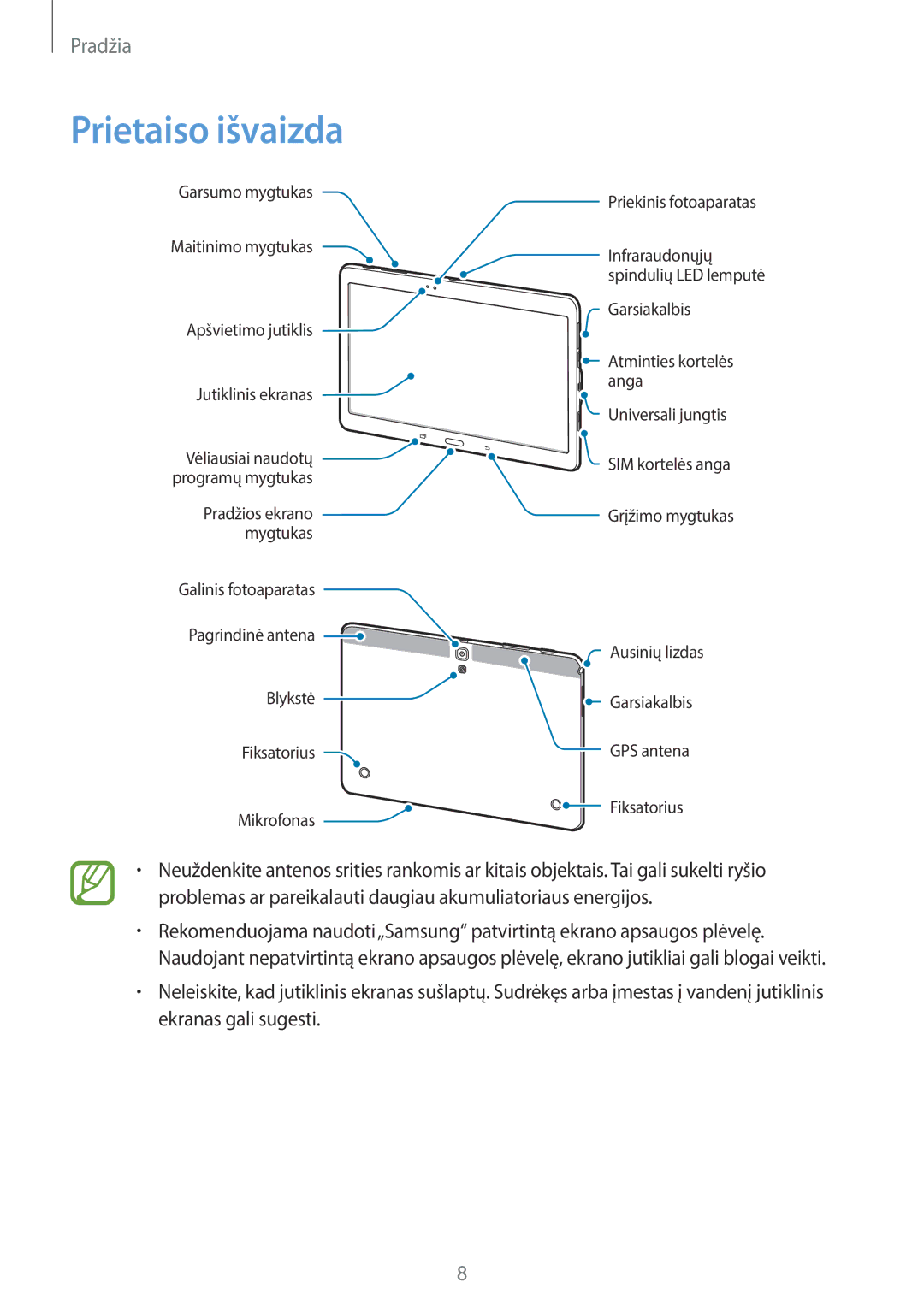 Samsung SM-T805NHAASEB, SM-T805NZWASEB, SM-T805NTSASEB manual Prietaiso išvaizda 