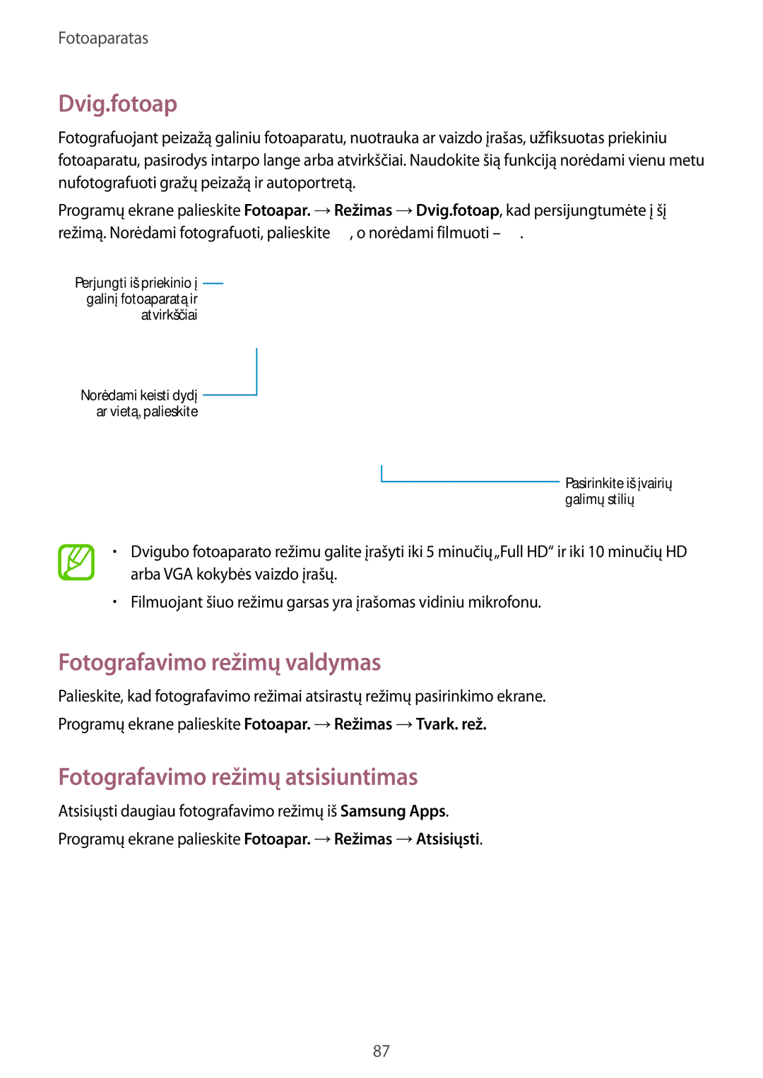 Samsung SM-T805NZWASEB, SM-T805NTSASEB manual Dvig.fotoap, Fotografavimo režimų valdymas, Fotografavimo režimų atsisiuntimas 