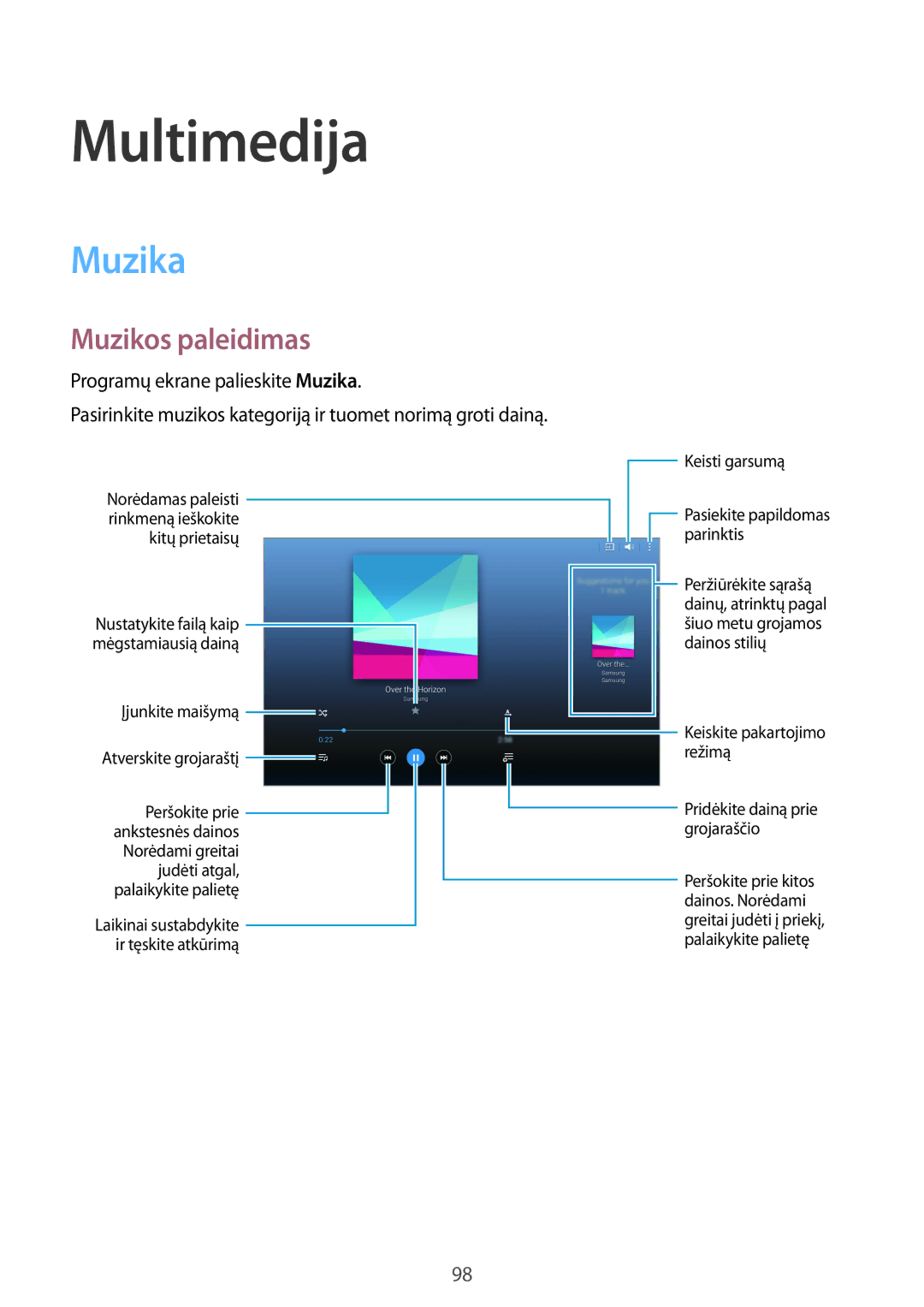 Samsung SM-T805NHAASEB, SM-T805NZWASEB, SM-T805NTSASEB manual Multimedija, Muzika, Muzikos paleidimas 