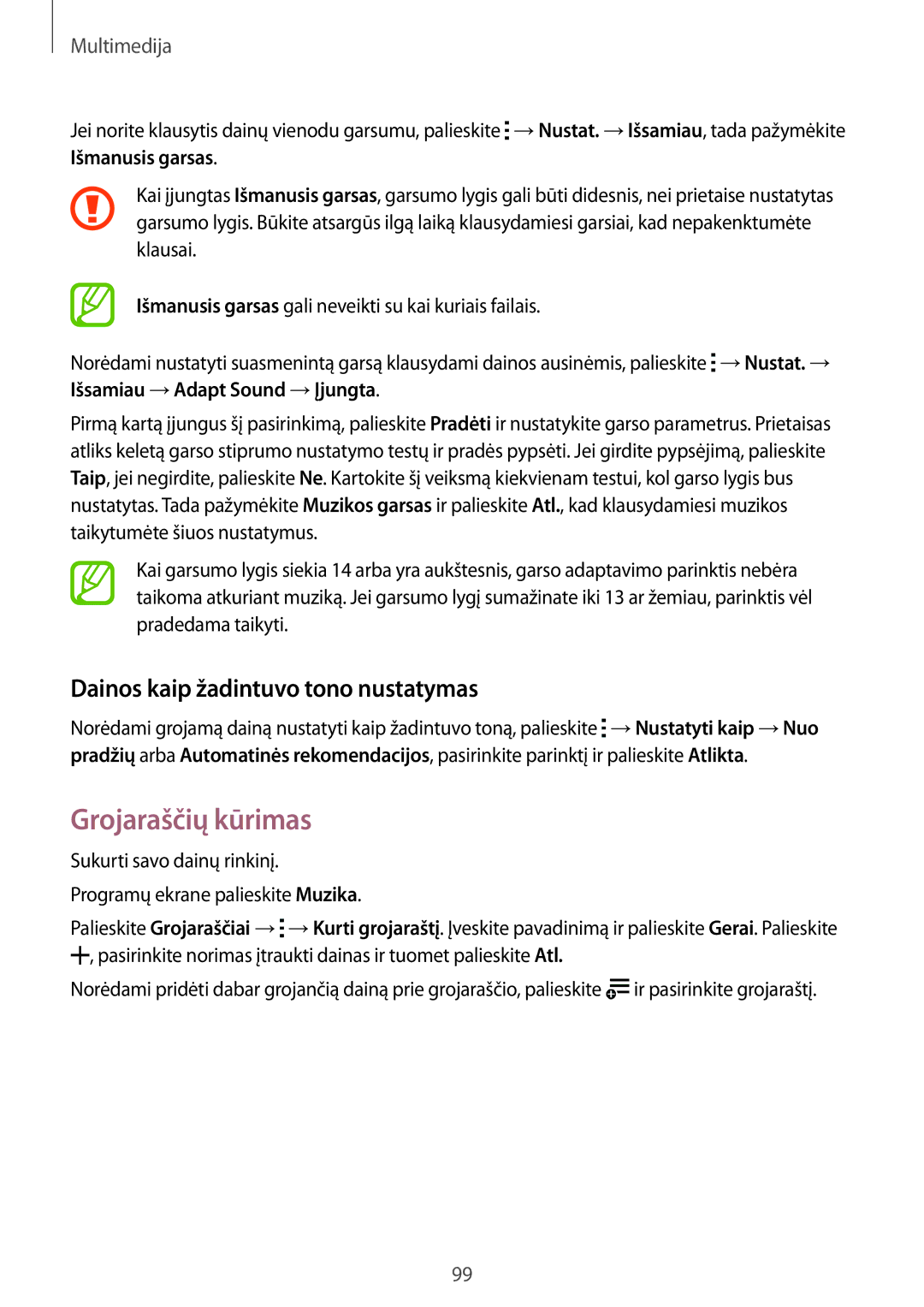 Samsung SM-T805NZWASEB, SM-T805NTSASEB, SM-T805NHAASEB manual Grojaraščių kūrimas, Dainos kaip žadintuvo tono nustatymas 