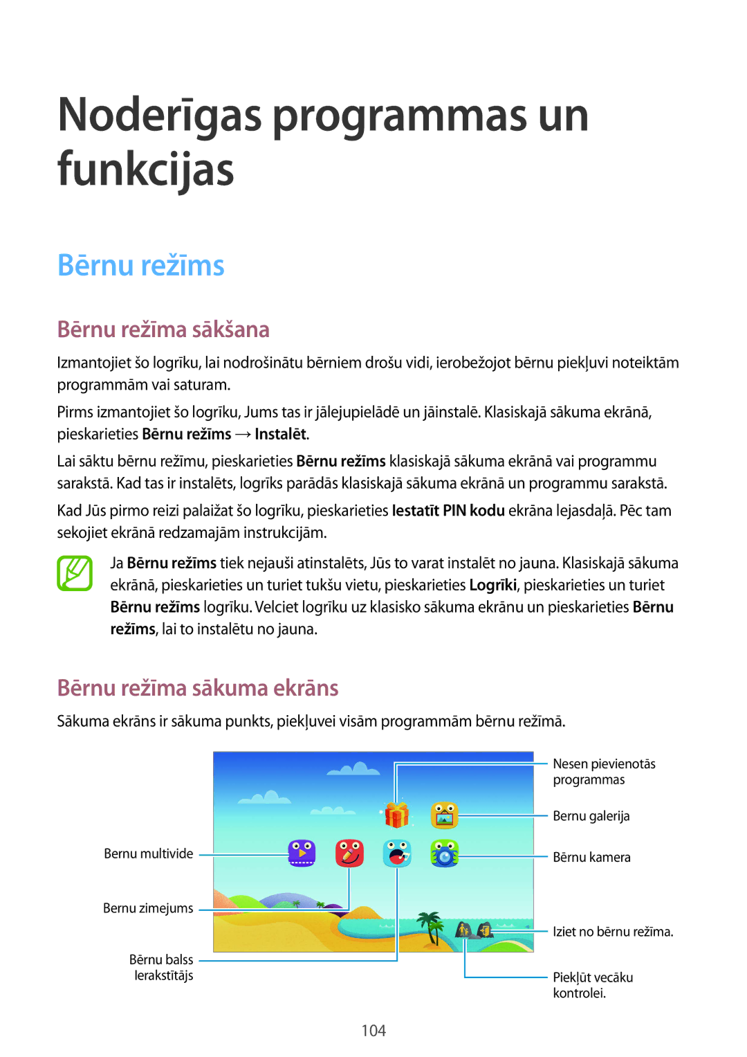 Samsung SM-T805NHAASEB, SM-T805NZWASEB, SM-T805NTSASEB manual Bērnu režīms, Bērnu režīma sākšana, Bērnu režīma sākuma ekrāns 