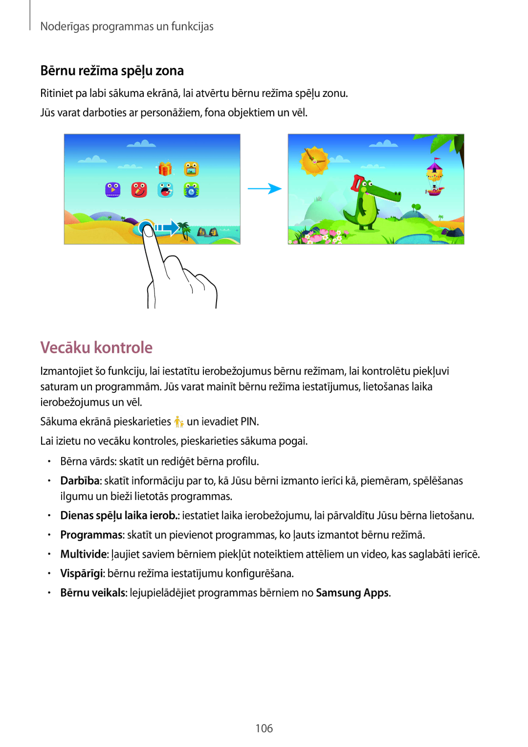 Samsung SM-T805NTSASEB, SM-T805NZWASEB, SM-T805NHAASEB manual Vecāku kontrole, Bērnu režīma spēļu zona 