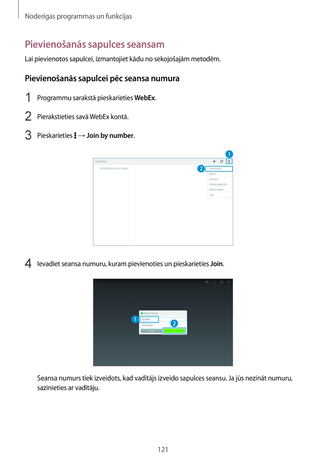 Samsung SM-T805NTSASEB, SM-T805NZWASEB manual Pievienošanās sapulces seansam, Pievienošanās sapulcei pēc seansa numura 