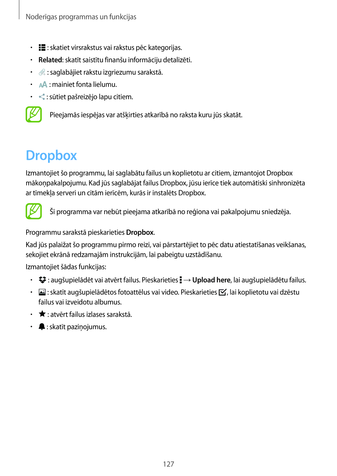 Samsung SM-T805NTSASEB, SM-T805NZWASEB, SM-T805NHAASEB manual Dropbox, Izmantojiet šādas funkcijas 