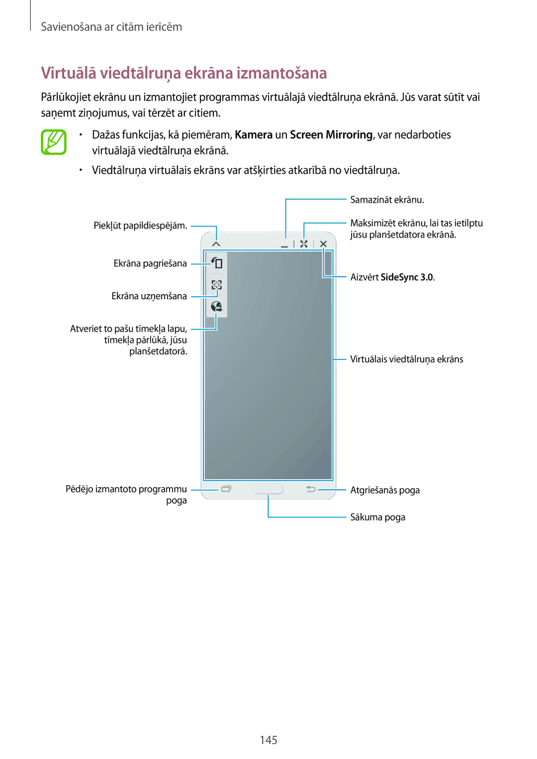 Samsung SM-T805NTSASEB, SM-T805NZWASEB, SM-T805NHAASEB manual Virtuālā viedtālruņa ekrāna izmantošana, Aizvērt SideSync 