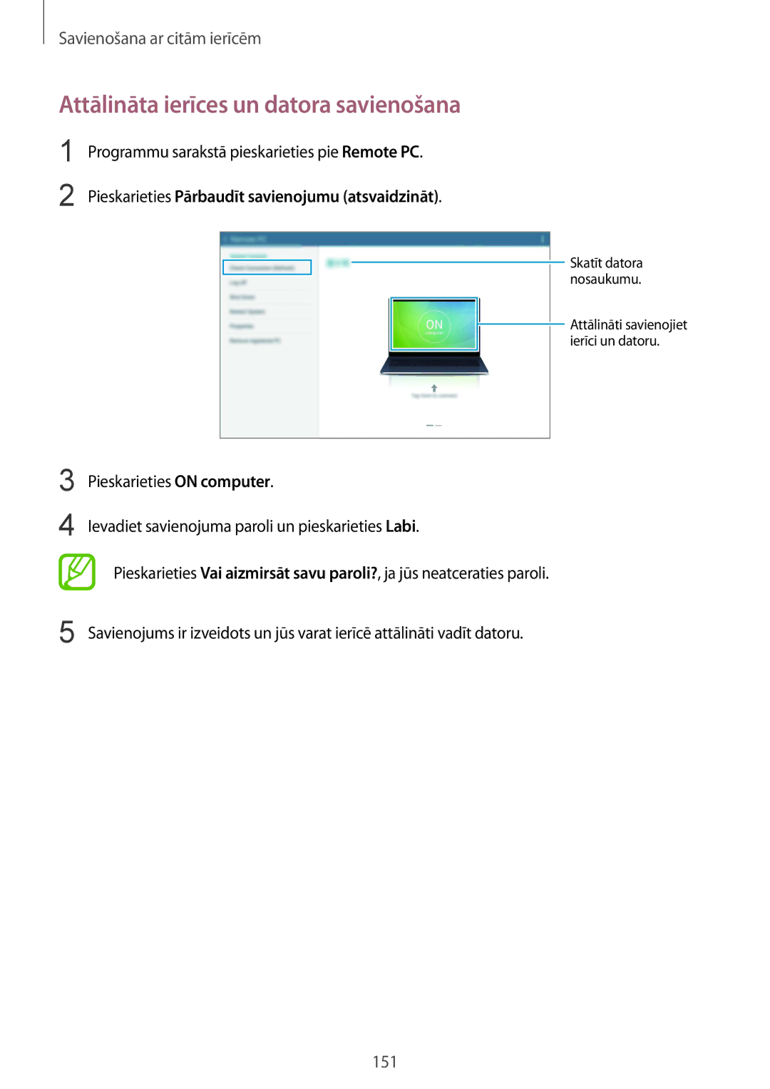 Samsung SM-T805NTSASEB manual Attālināta ierīces un datora savienošana, Programmu sarakstā pieskarieties pie Remote PC 