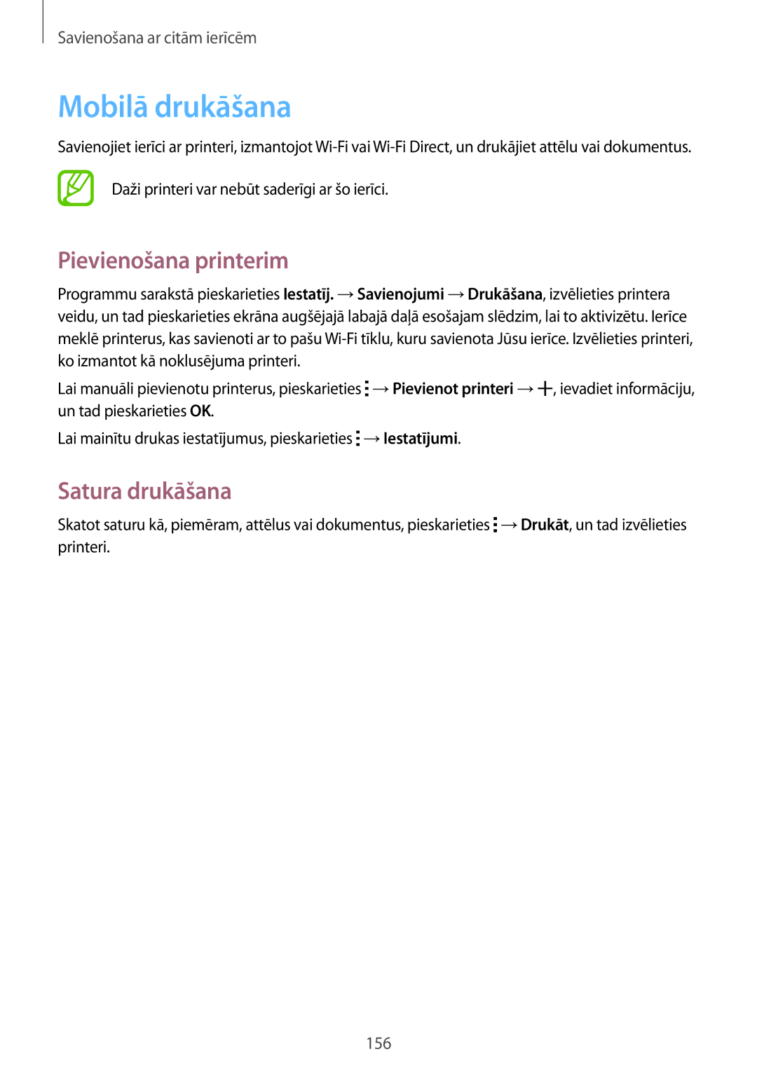 Samsung SM-T805NZWASEB, SM-T805NTSASEB, SM-T805NHAASEB manual Mobilā drukāšana, Pievienošana printerim, Satura drukāšana 