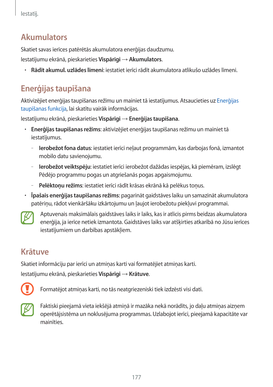 Samsung SM-T805NZWASEB, SM-T805NTSASEB, SM-T805NHAASEB manual Akumulators, Enerģijas taupīšana, Krātuve 
