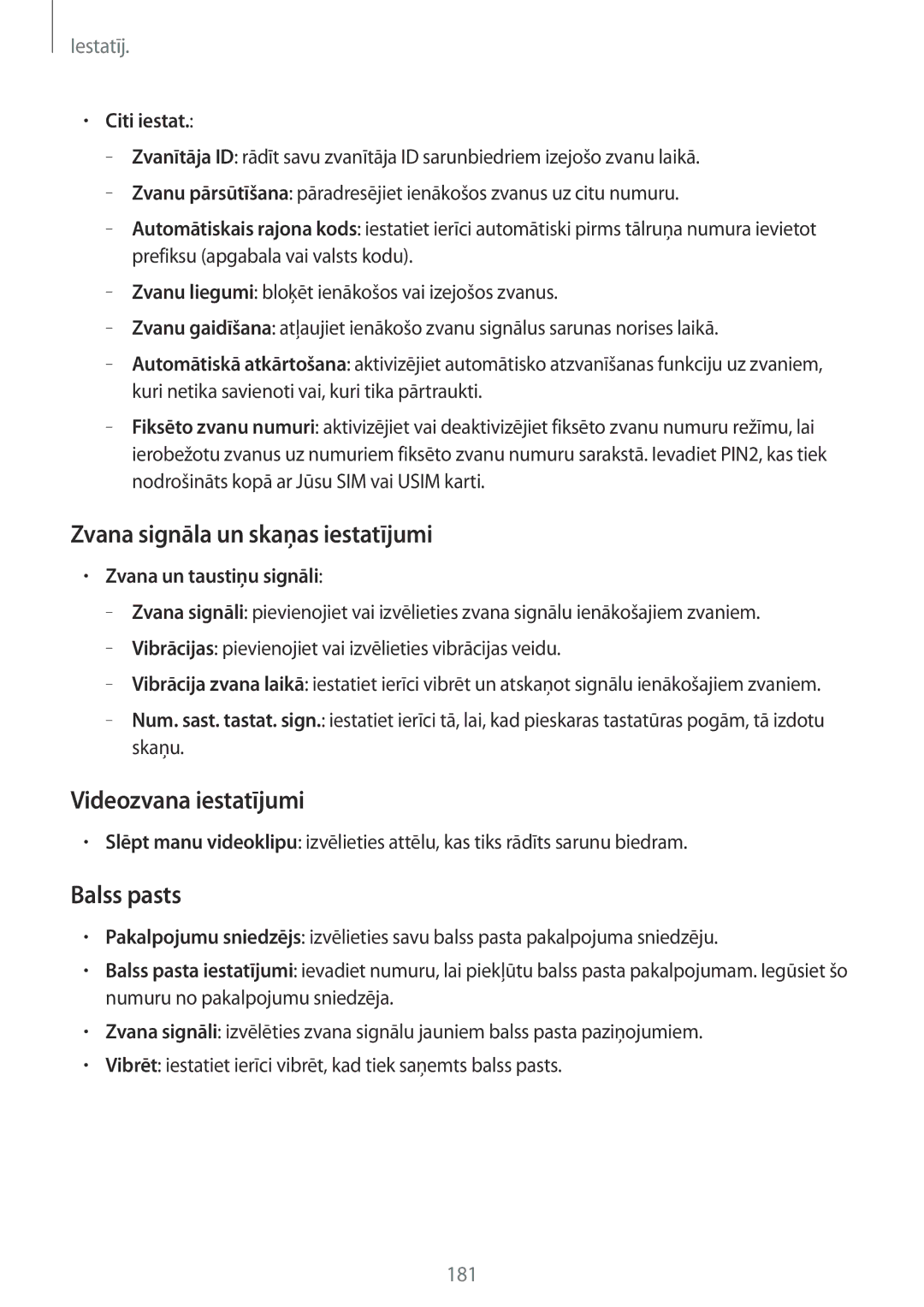 Samsung SM-T805NTSASEB manual Zvana signāla un skaņas iestatījumi, Videozvana iestatījumi, Balss pasts, Citi iestat 