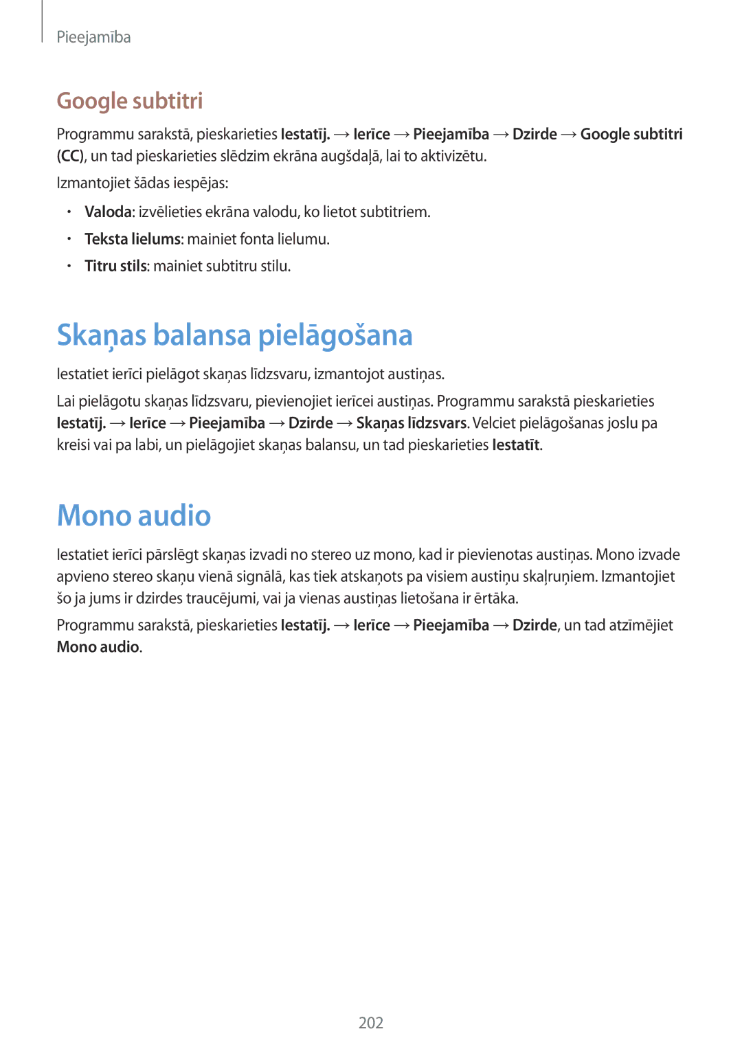 Samsung SM-T805NTSASEB, SM-T805NZWASEB, SM-T805NHAASEB manual Skaņas balansa pielāgošana, Mono audio, Google subtitri 