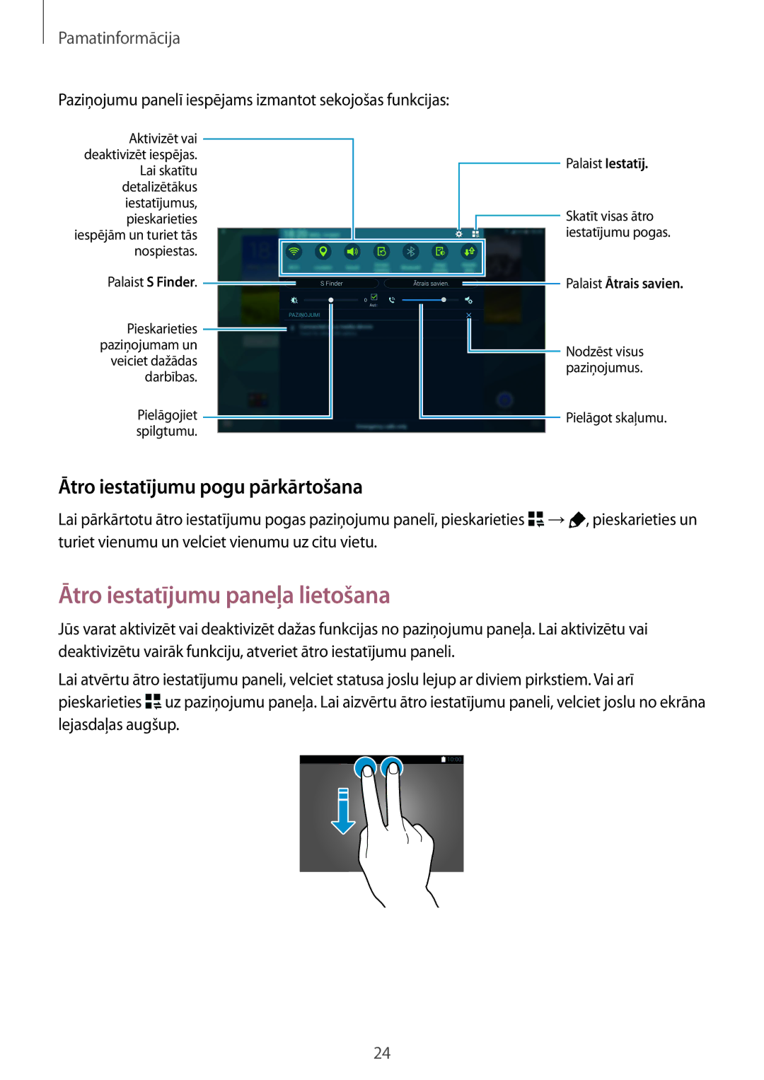 Samsung SM-T805NZWASEB, SM-T805NTSASEB manual Ātro iestatījumu paneļa lietošana, Ātro iestatījumu pogu pārkārtošana 