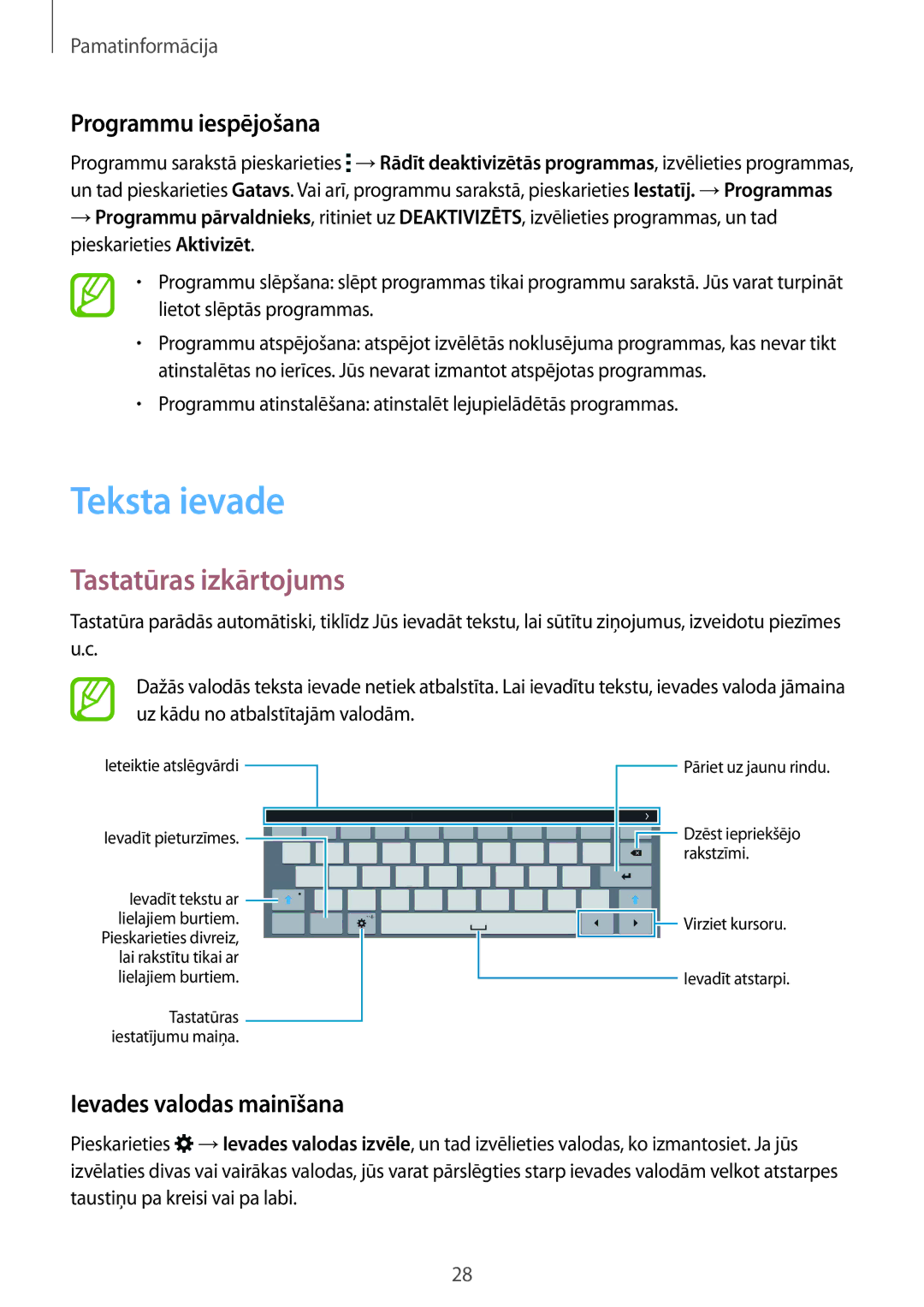 Samsung SM-T805NTSASEB manual Teksta ievade, Tastatūras izkārtojums, Programmu iespējošana, Ievades valodas mainīšana 