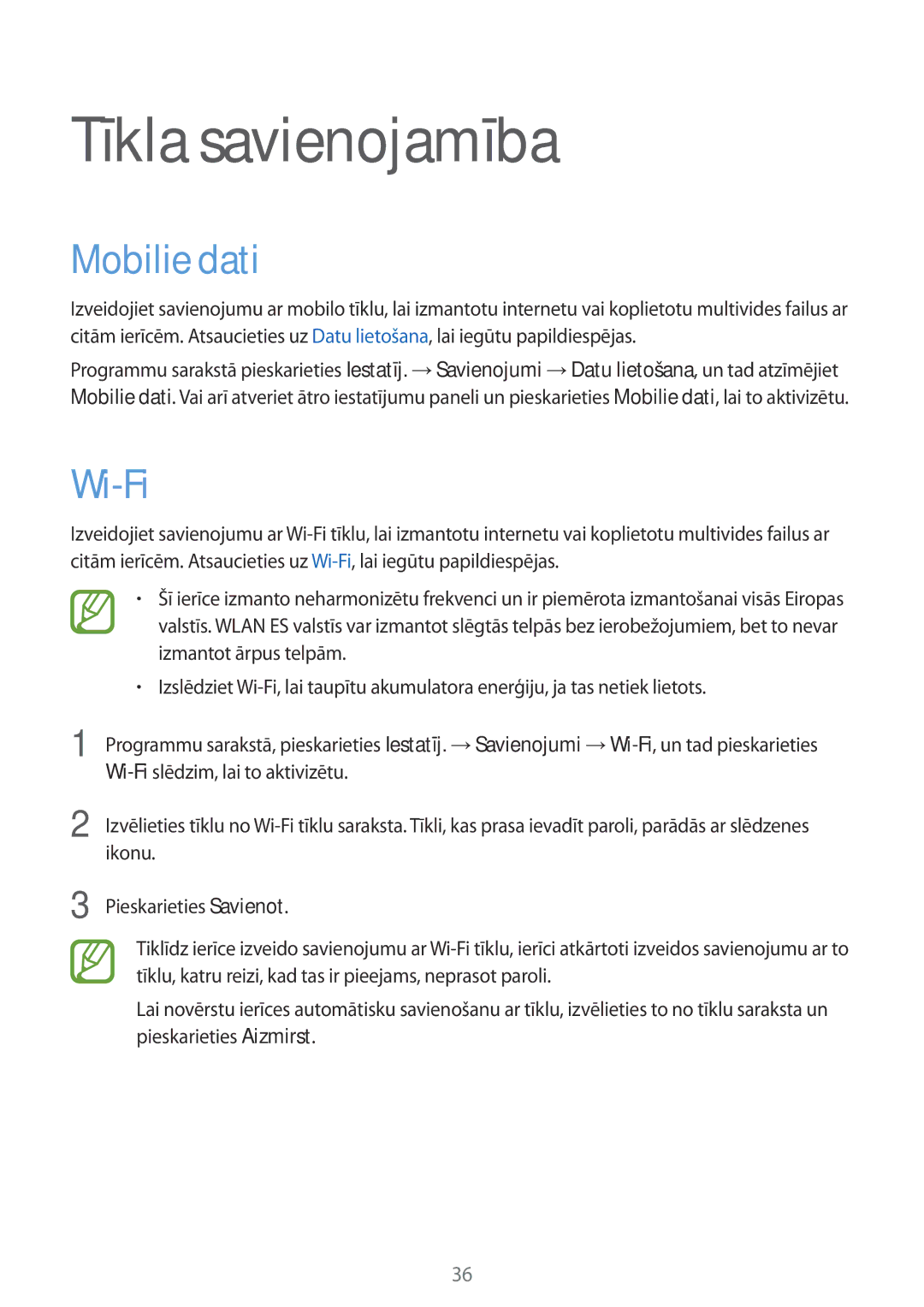 Samsung SM-T805NZWASEB, SM-T805NTSASEB, SM-T805NHAASEB manual Tīkla savienojamība, Mobilie dati, Wi-Fi 