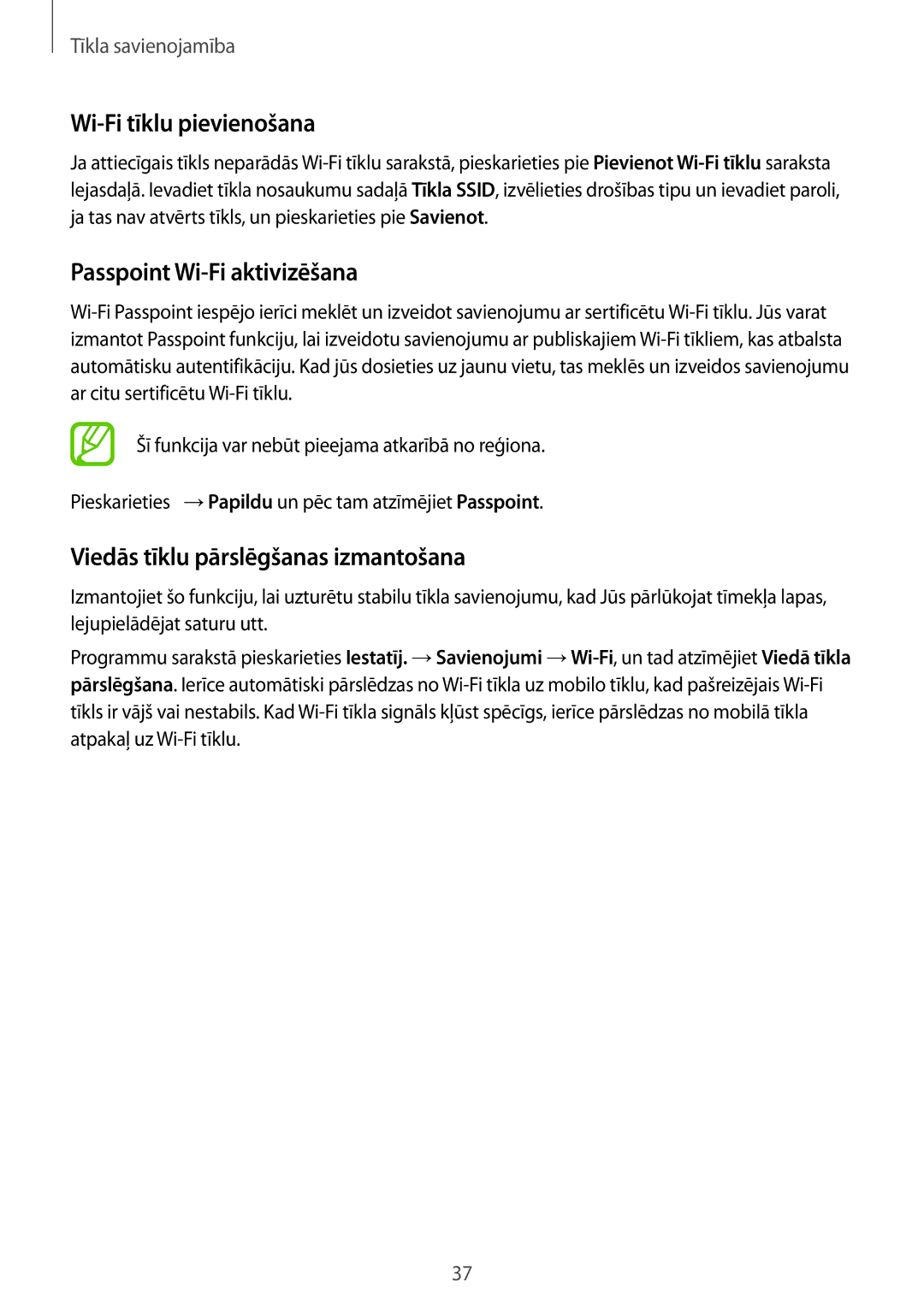 Samsung SM-T805NTSASEB manual Wi-Fi tīklu pievienošana, Passpoint Wi-Fi aktivizēšana, Viedās tīklu pārslēgšanas izmantošana 
