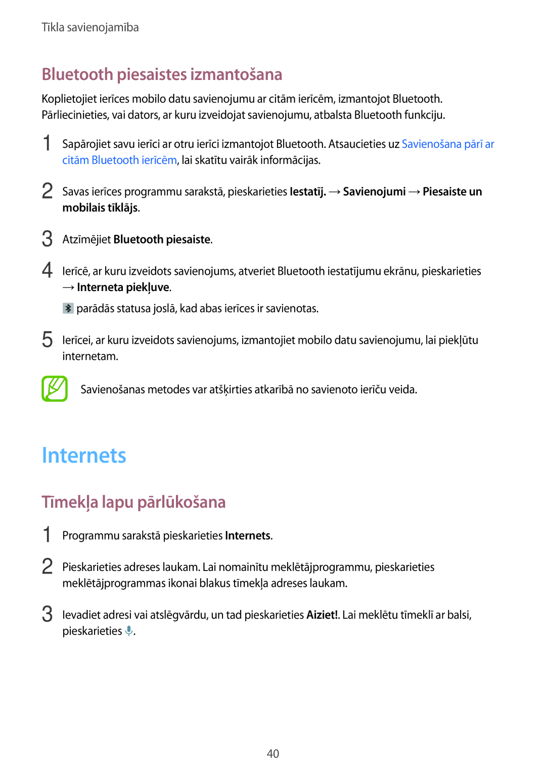 Samsung SM-T805NTSASEB manual Internets, Bluetooth piesaistes izmantošana, Tīmekļa lapu pārlūkošana, → Interneta piekļuve 