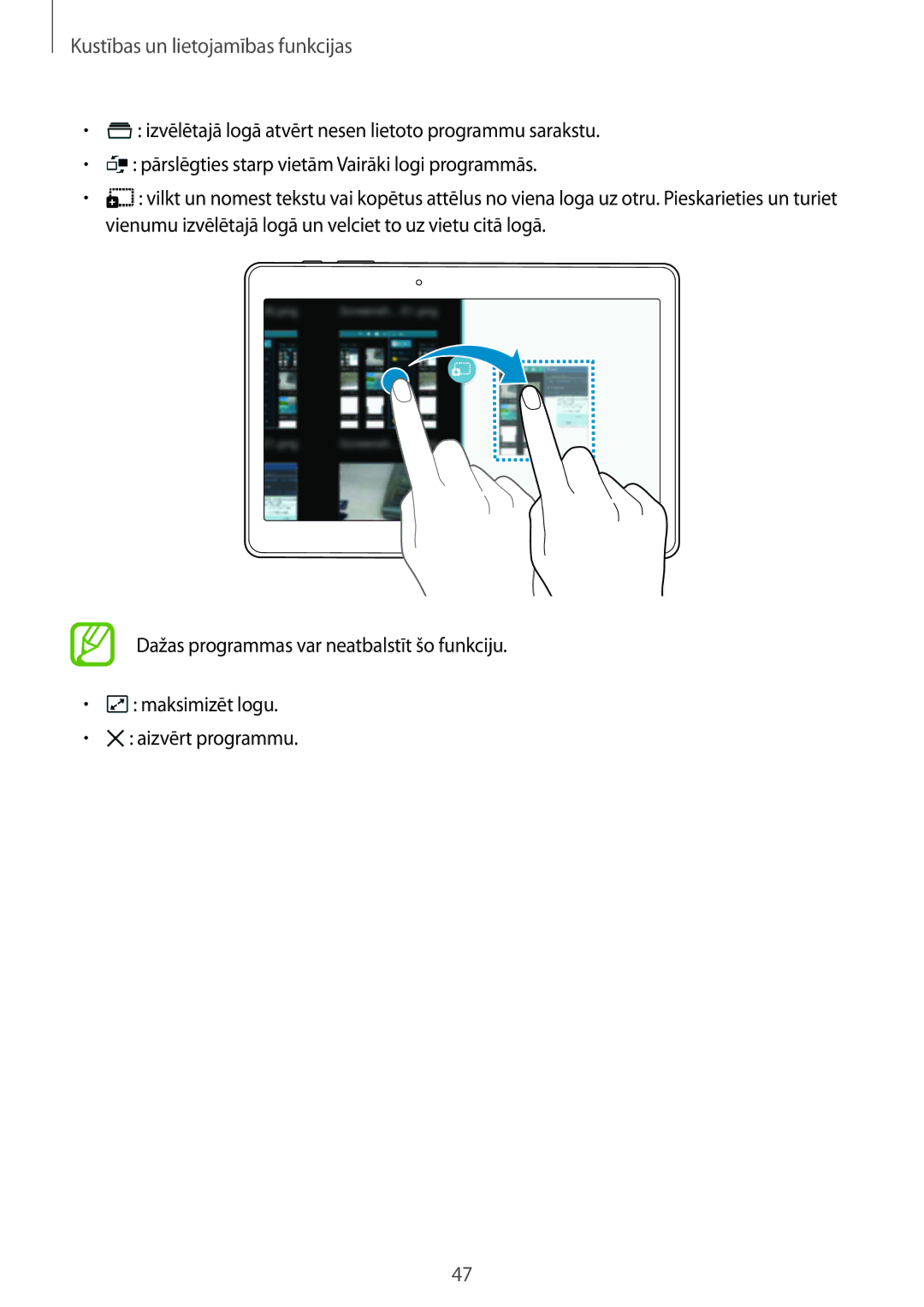 Samsung SM-T805NHAASEB, SM-T805NZWASEB, SM-T805NTSASEB manual Kustības un lietojamības funkcijas 