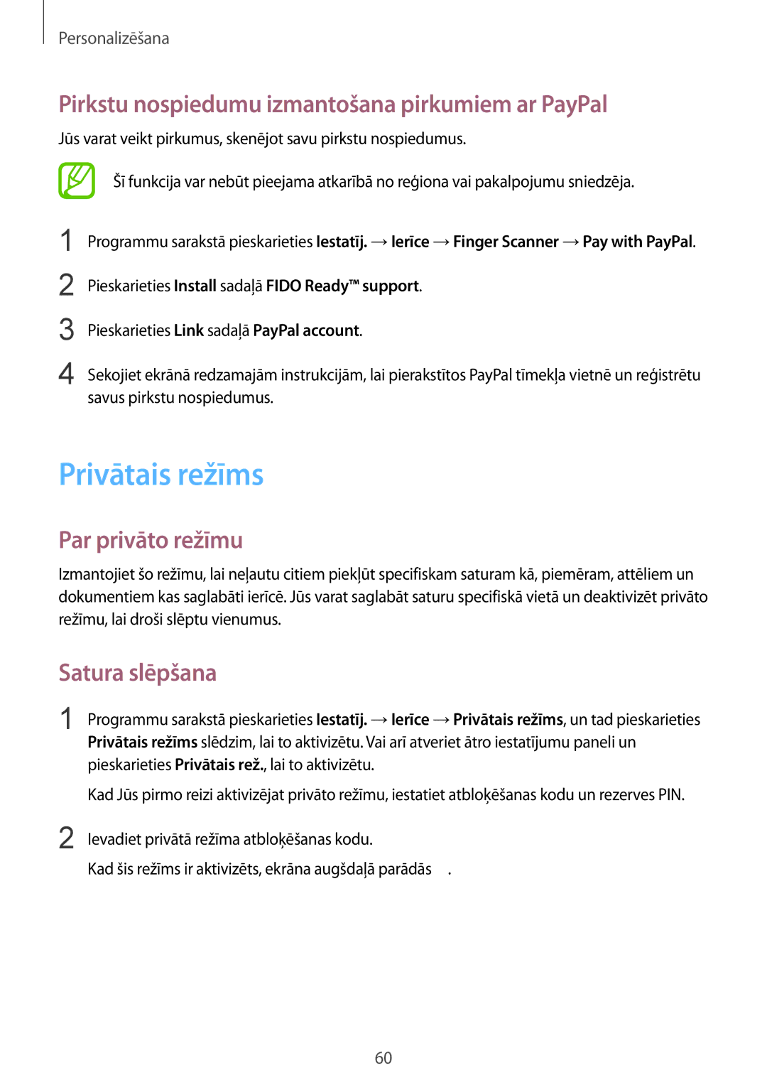 Samsung SM-T805NZWASEB manual Privātais režīms, Pirkstu nospiedumu izmantošana pirkumiem ar PayPal, Par privāto režīmu 