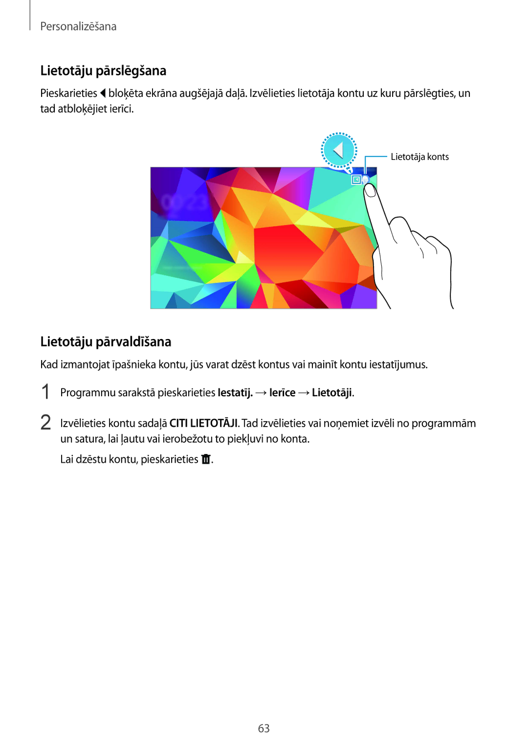 Samsung SM-T805NZWASEB, SM-T805NTSASEB, SM-T805NHAASEB manual Lietotāju pārslēgšana, Lietotāju pārvaldīšana 