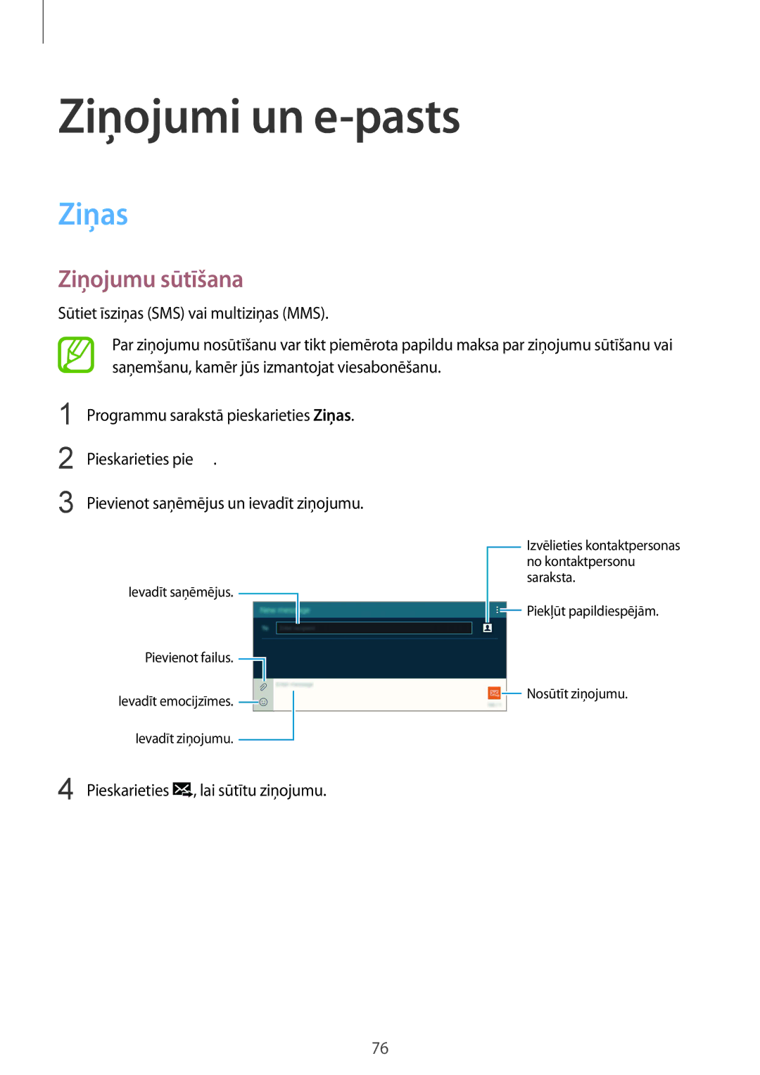 Samsung SM-T805NTSASEB, SM-T805NZWASEB, SM-T805NHAASEB manual Ziņojumi un e-pasts, Ziņas, Ziņojumu sūtīšana 