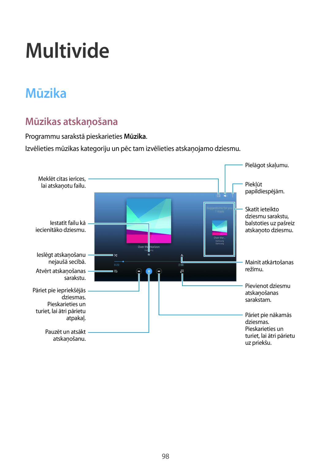 Samsung SM-T805NHAASEB, SM-T805NZWASEB, SM-T805NTSASEB manual Multivide, Mūzikas atskaņošana 