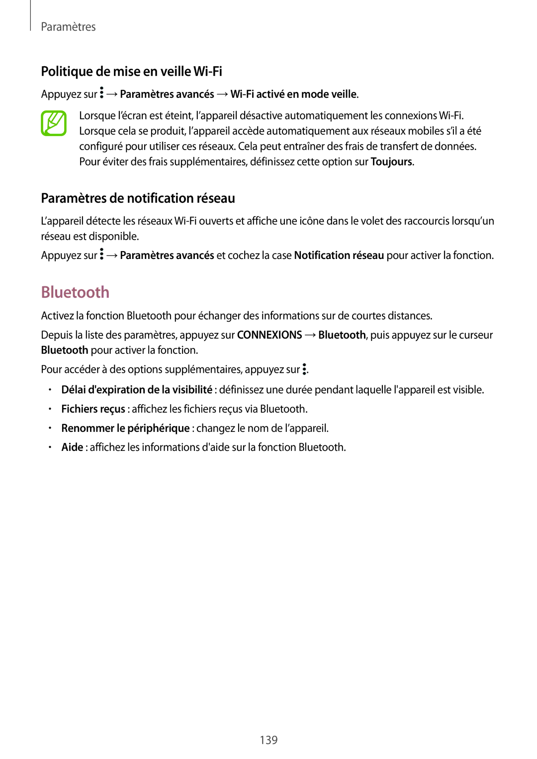 Samsung SM-T805NTSAXEF, SM-T805NZWAXEF Bluetooth, Politique de mise en veille Wi-Fi, Paramètres de notification réseau 