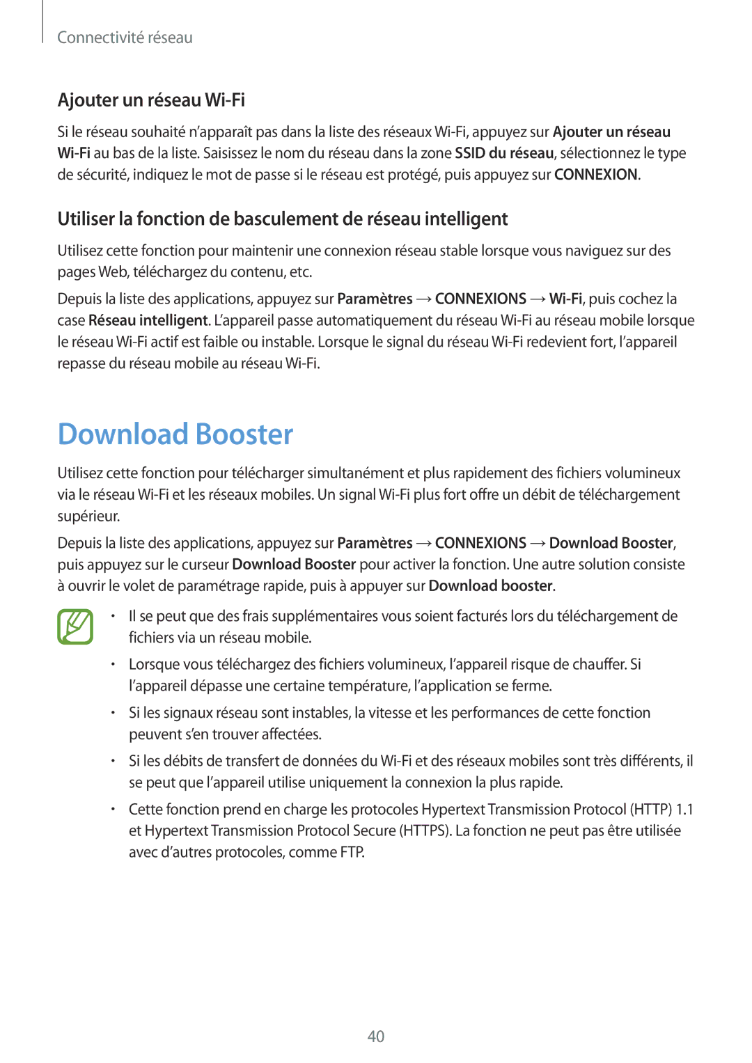 Samsung SM-T805NTSAXEF, SM-T805NZWAXEF, SM-T705NZWAXEF manual Download Booster, Ajouter un réseau Wi-Fi 