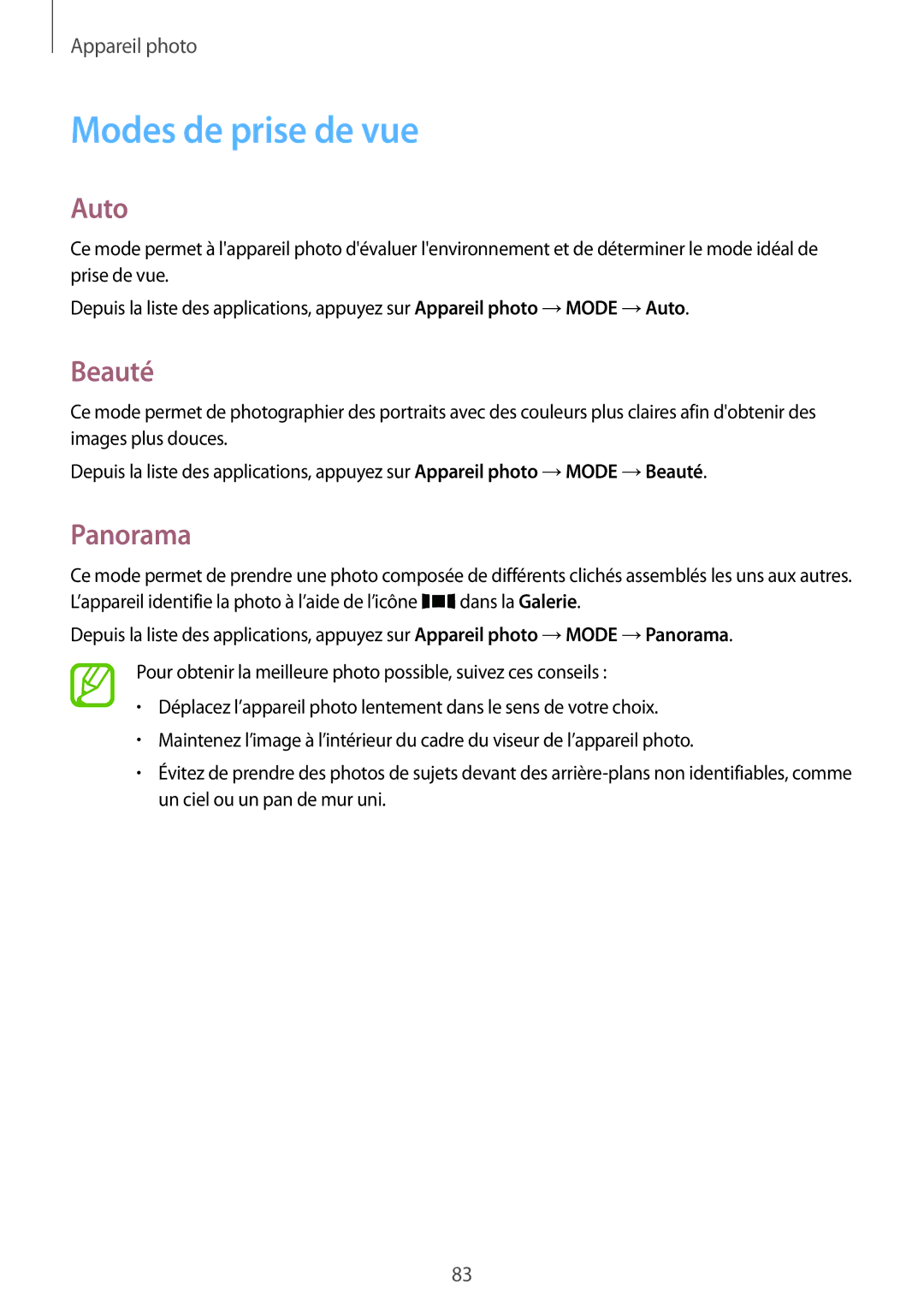 Samsung SM-T705NZWAXEF, SM-T805NZWAXEF, SM-T805NTSAXEF manual Modes de prise de vue, Auto, Beauté, Panorama 