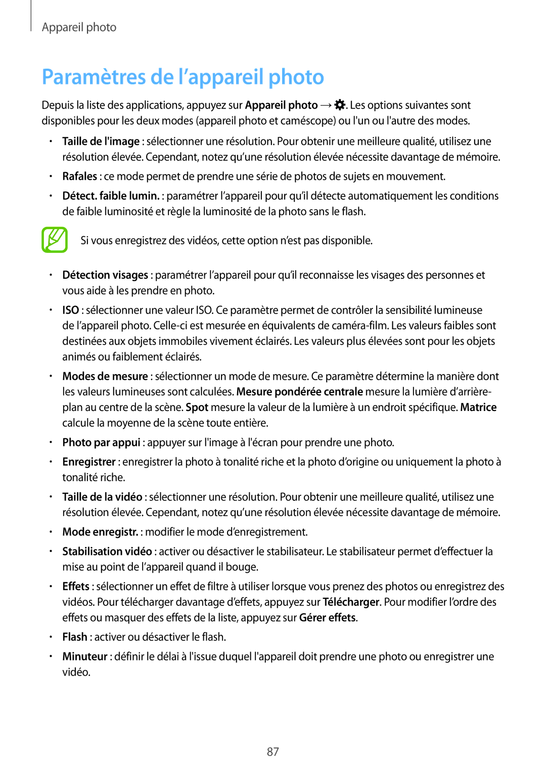 Samsung SM-T805NZWAXEF, SM-T805NTSAXEF, SM-T705NZWAXEF manual Paramètres de l’appareil photo 