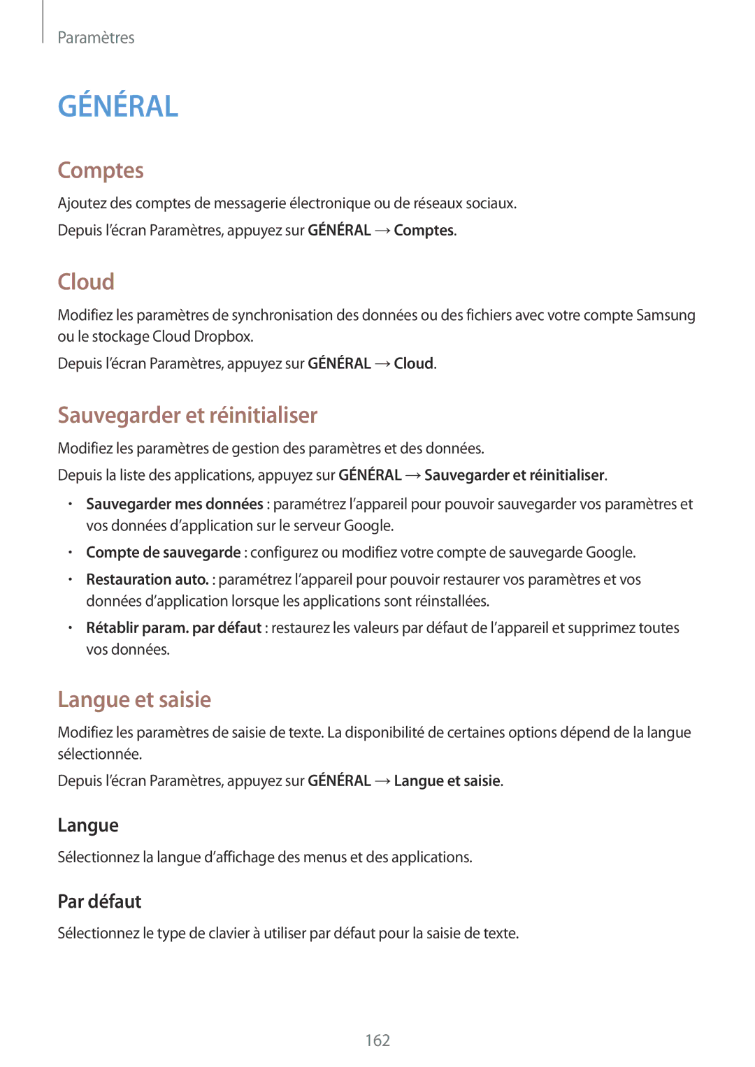 Samsung SM-T805NZWAXEF, SM-T805NTSAXEF manual Comptes, Cloud, Sauvegarder et réinitialiser, Langue et saisie 