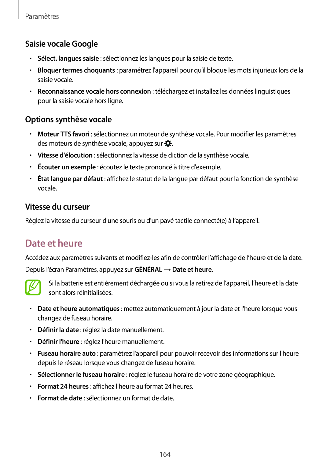 Samsung SM-T805NZWAXEF, SM-T805NTSAXEF Date et heure, Saisie vocale Google, Options synthèse vocale, Vitesse du curseur 
