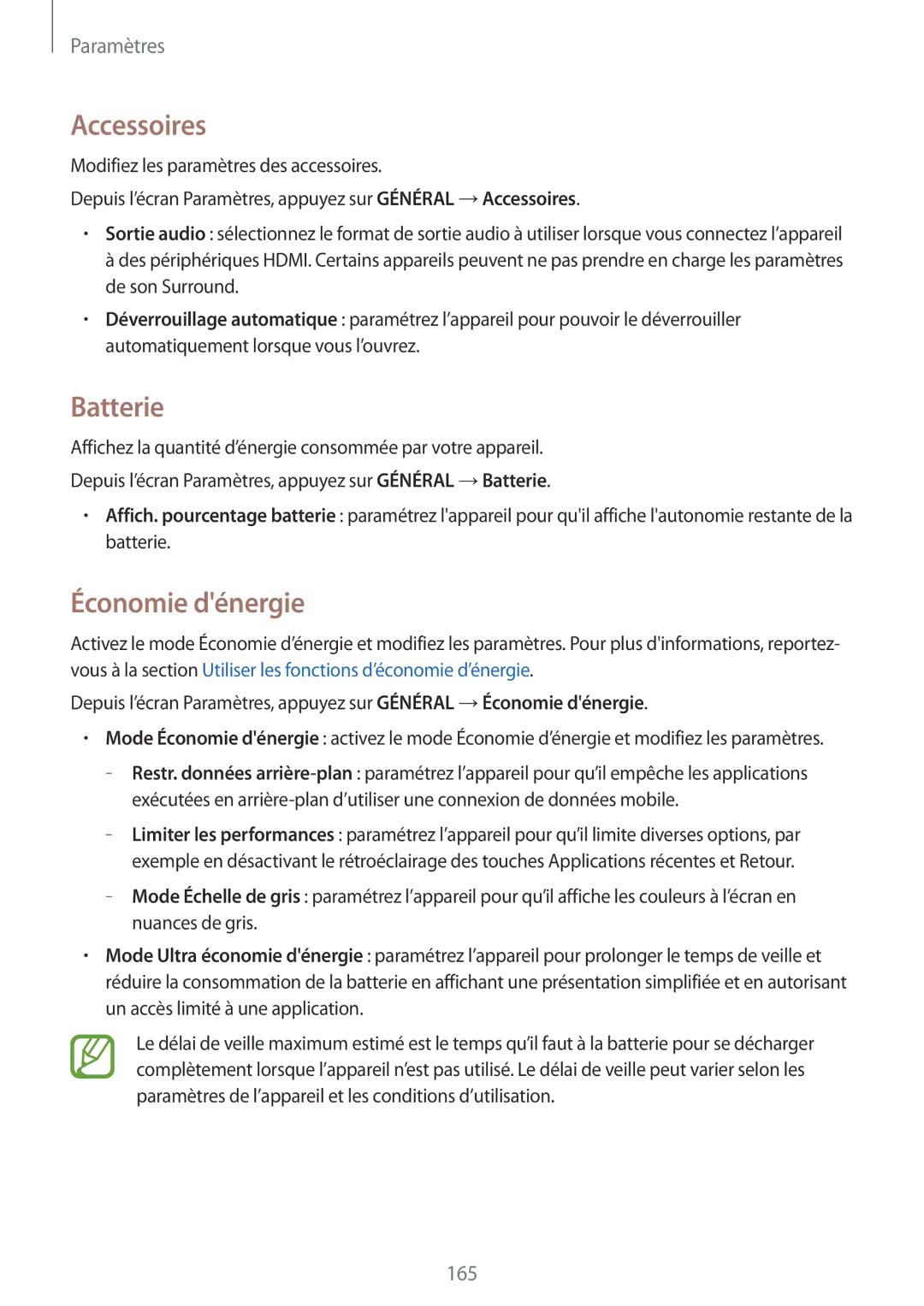 Samsung SM-T805NTSAXEF, SM-T805NZWAXEF manual Accessoires, Batterie, Économie dénergie 