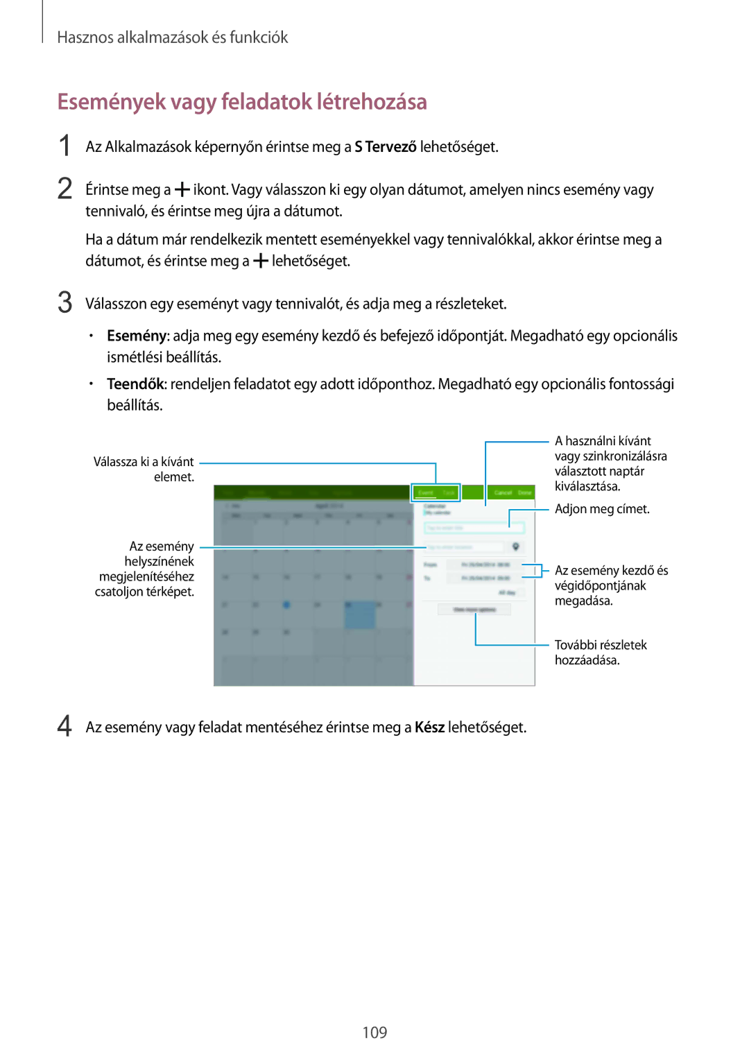 Samsung SM-T805NZWAXEH manual Események vagy feladatok létrehozása 